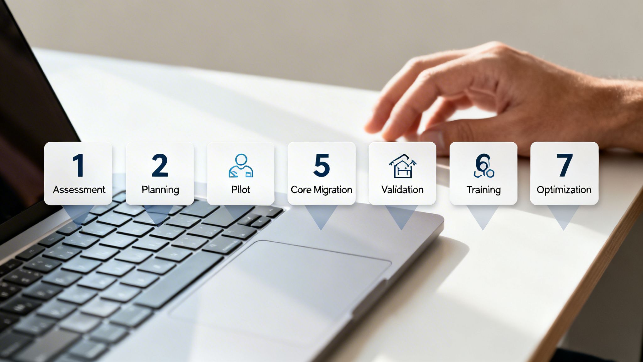 Seven-step migration process with icons (Assessment, Planning, Pilot, Core Migration, Validation, Training, Optimization) over a laptop.