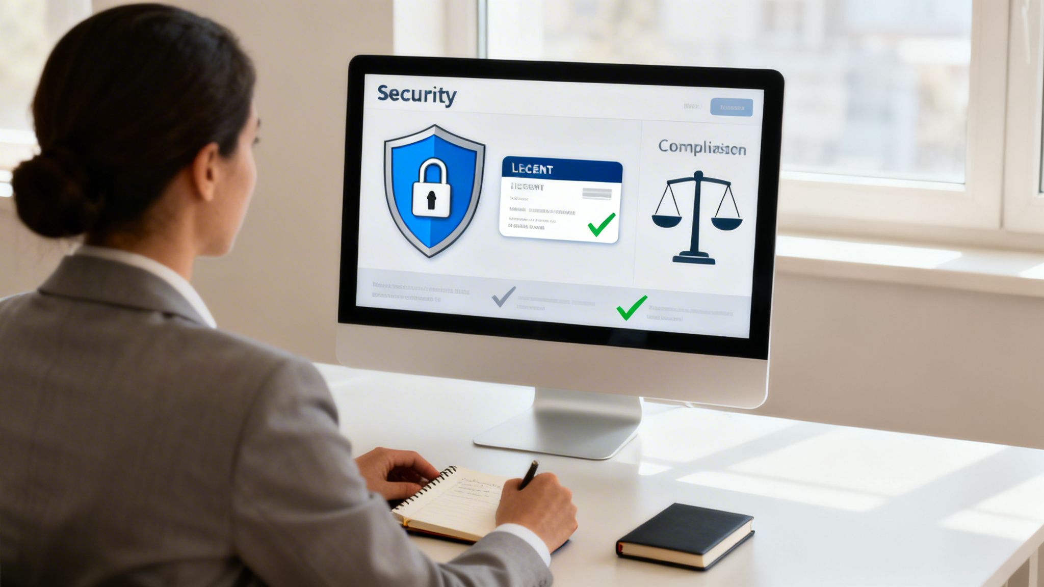 A businesswoman reviews security and compliance details on a computer screen, writing notes.