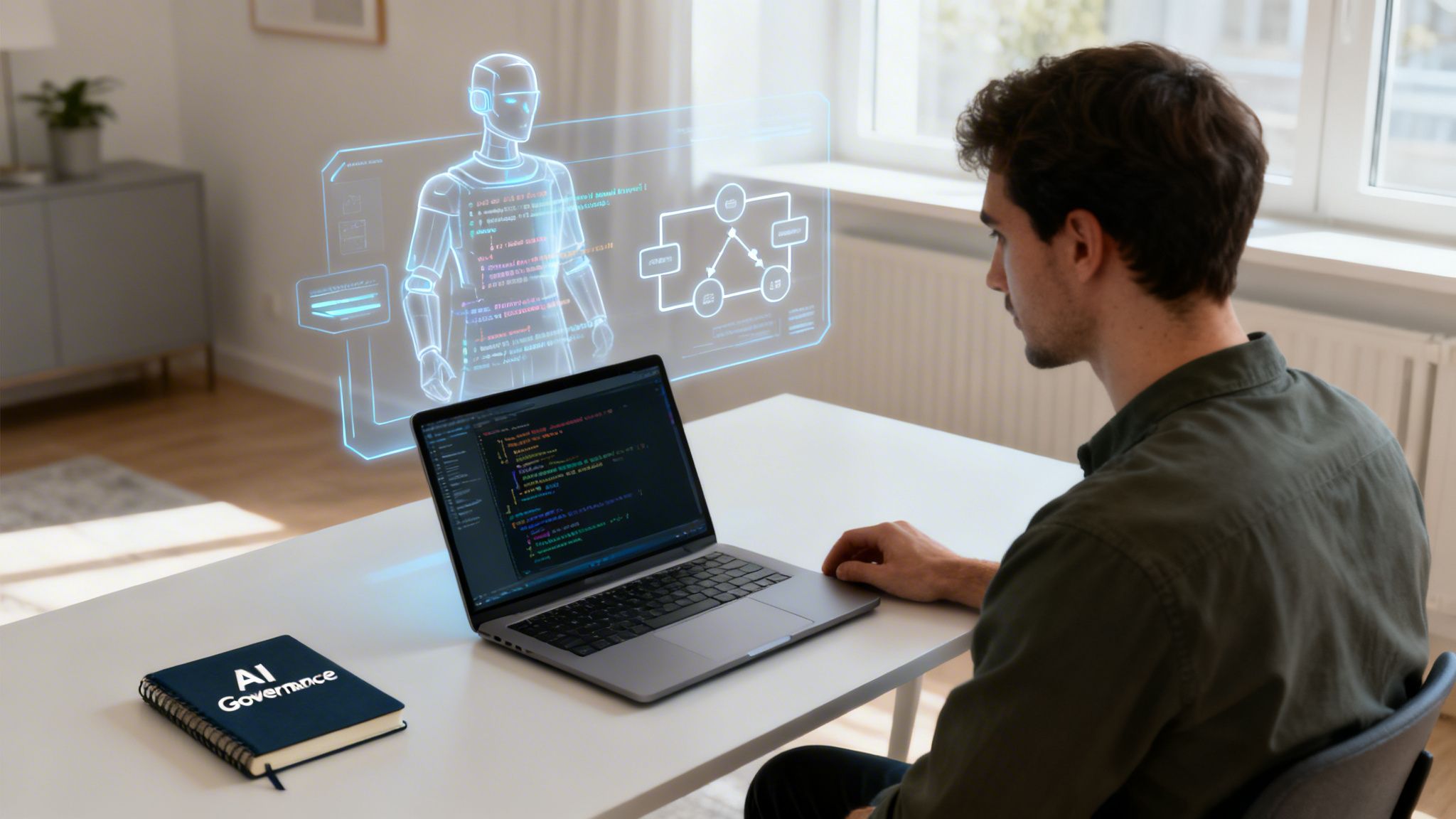 Man coding on laptop with AI robot hologram and 'AI Governance' book on desk.