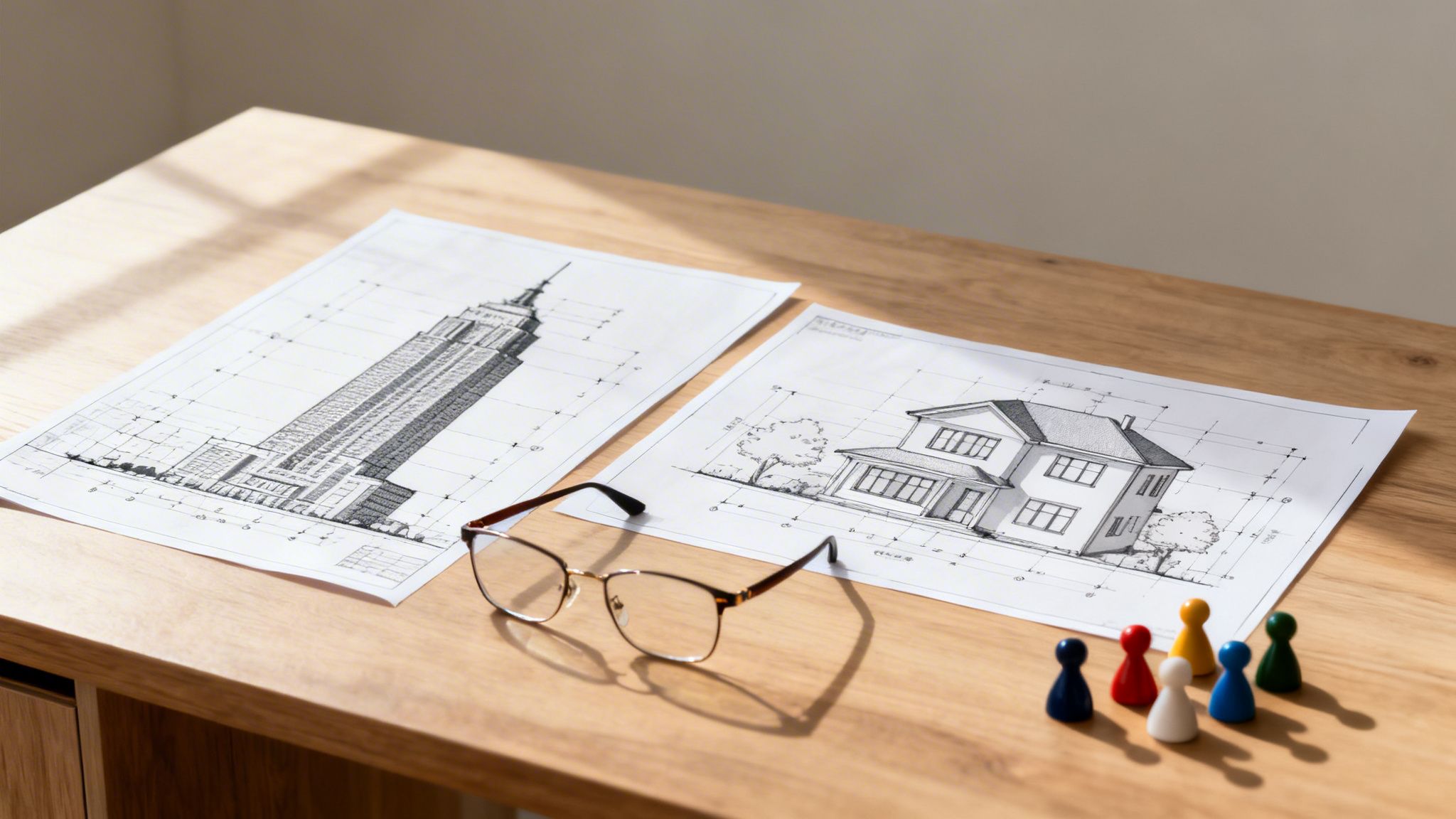 Two architectural drawings, a skyscraper and a house, on a wooden desk with glasses and colorful pawns.