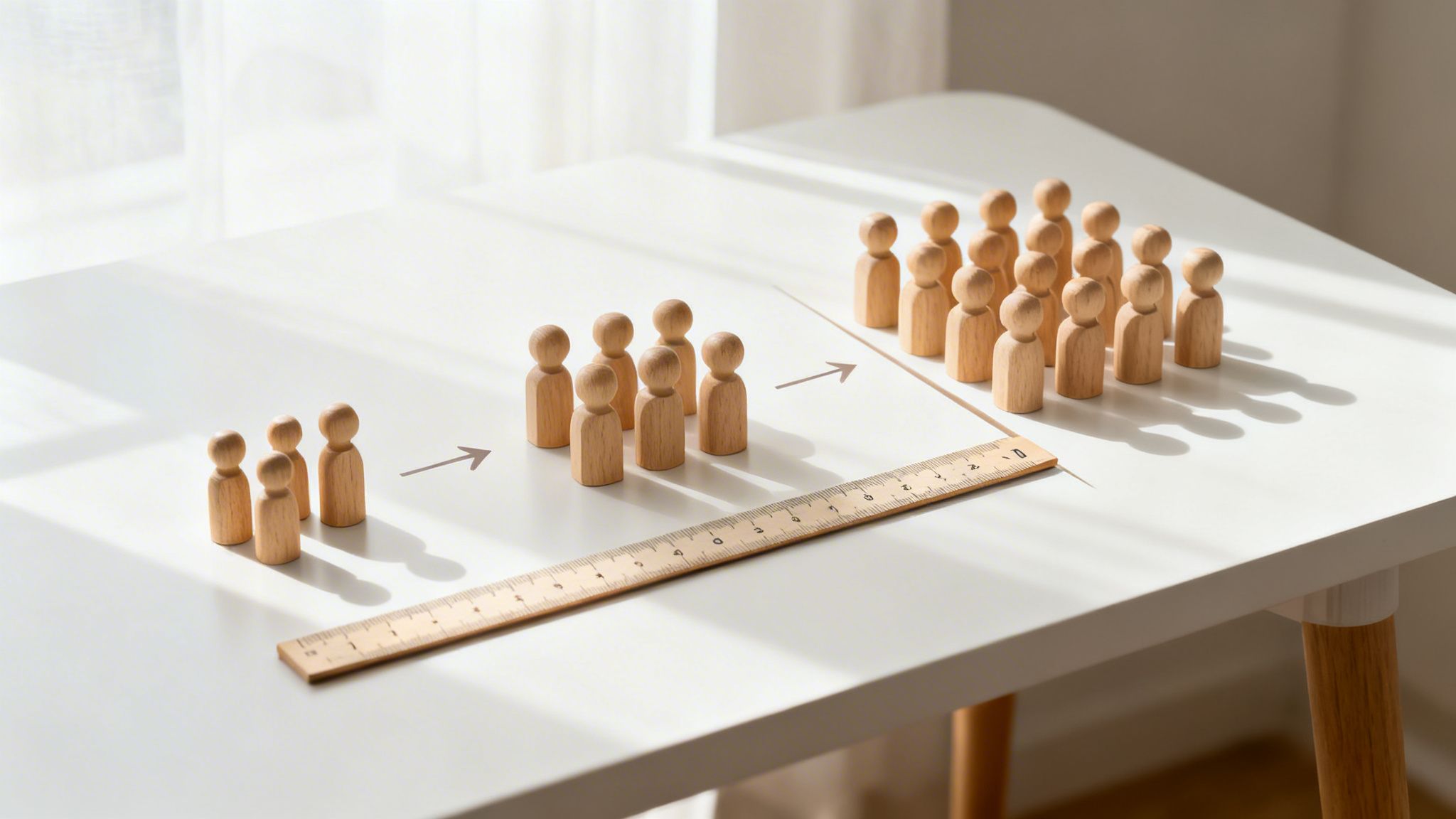 Wooden figures illustrating team growth, from a small group of 5 to a larger group of 15, with a ruler symbolizing division.