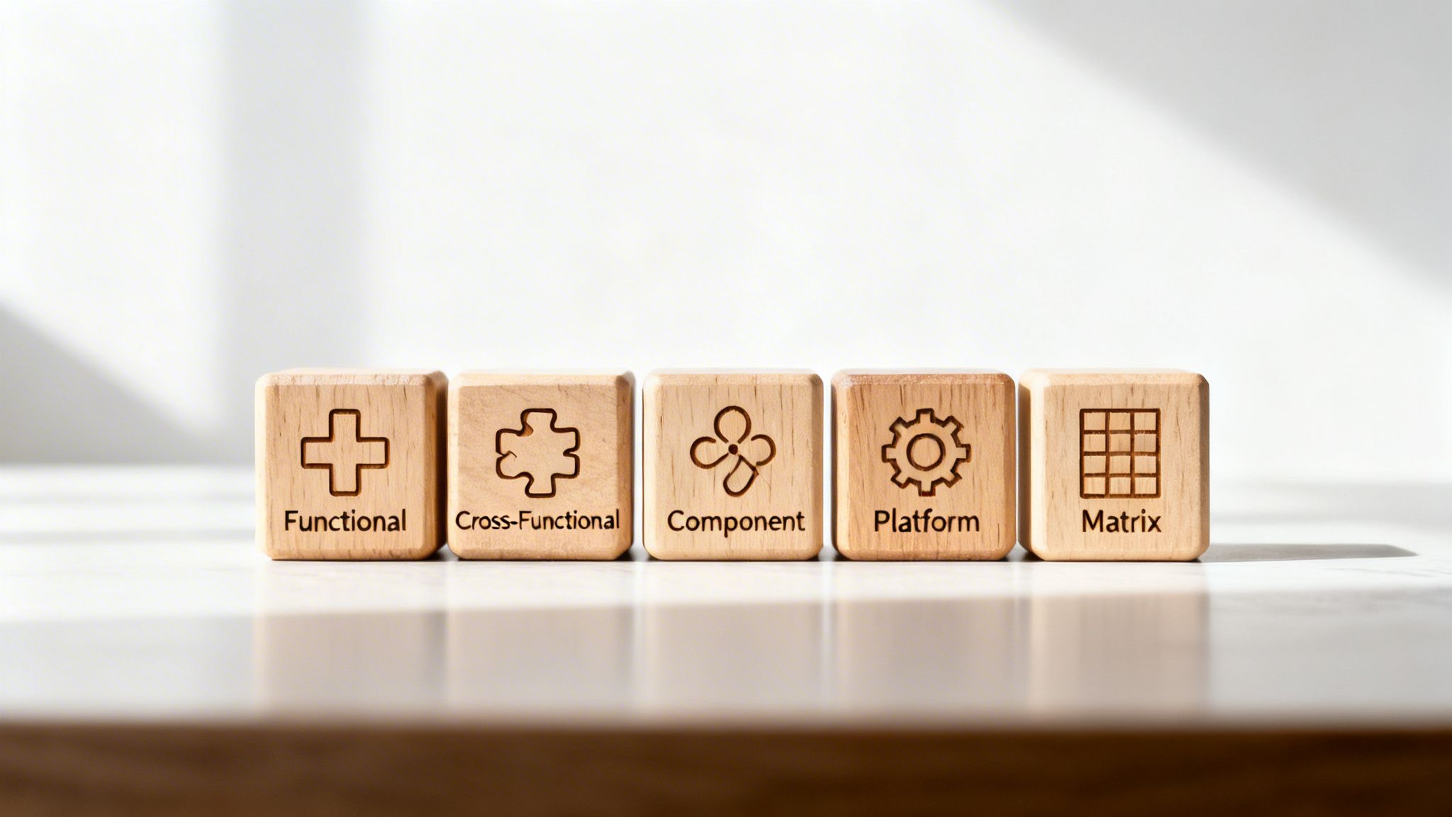 Five wooden blocks displaying symbols and labels for software development team structures: Functional, Cross-Functional, Component, Platform, Matrix.