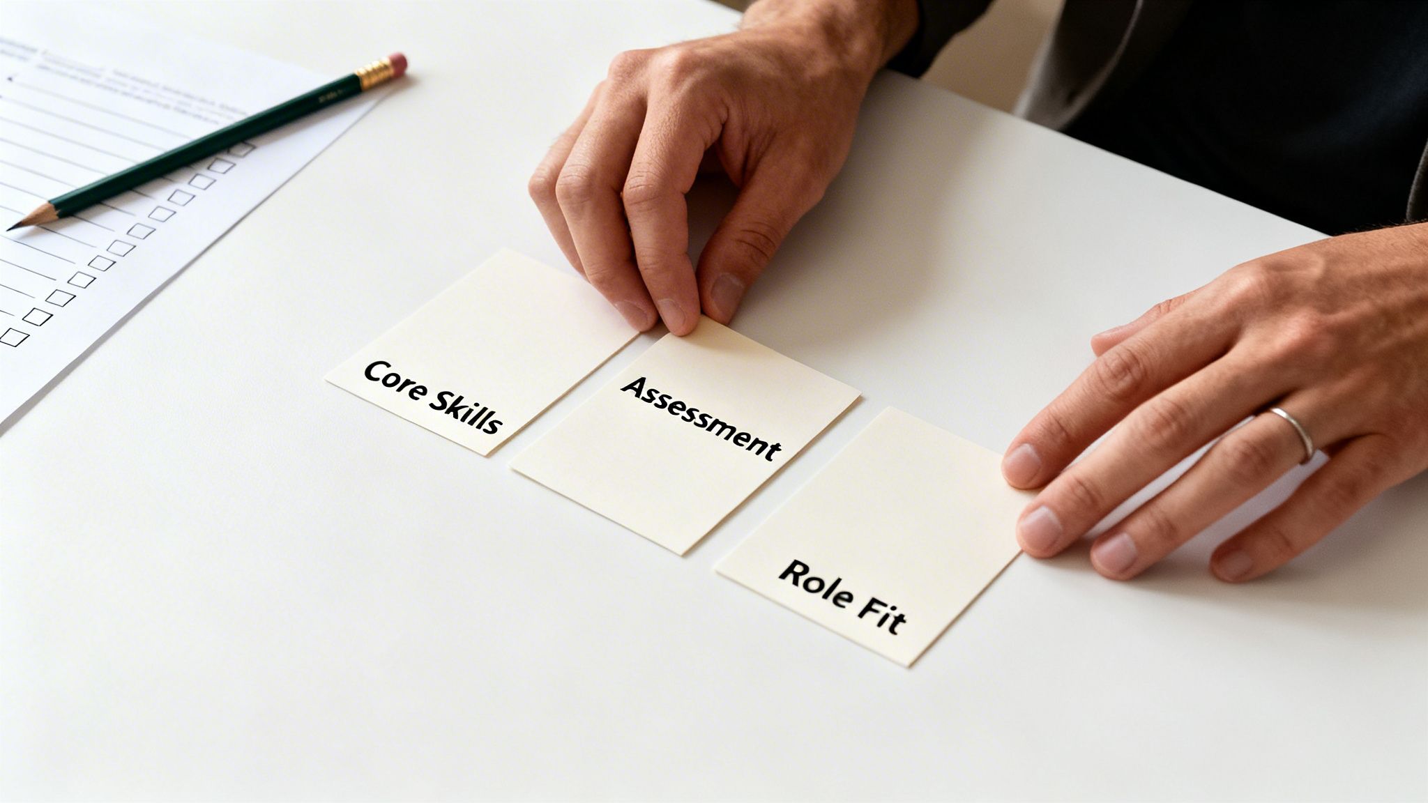 A person's hands arrange three cards labeled 'Core Skills,' 'Assessment,' and 'Role Fit' on a white desk, alongside a checklist and pencil.