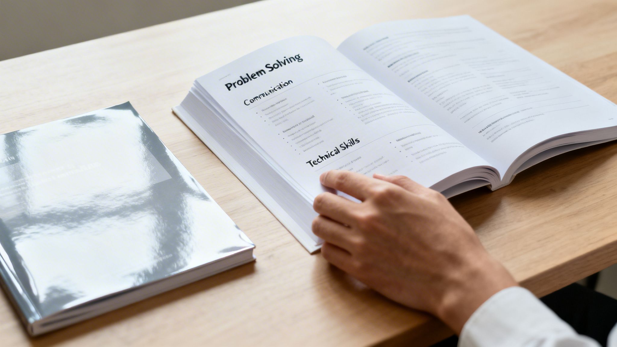 A person's hand turns a page of an open book about 'Problem Solving' and 'Technical Skills' on a wooden desk.