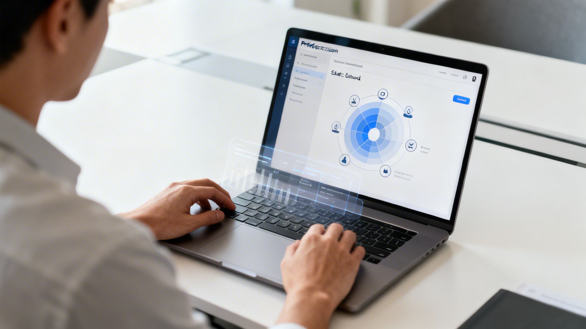Person typing on a laptop displaying a skills-based hiring dashboard with charts and data.