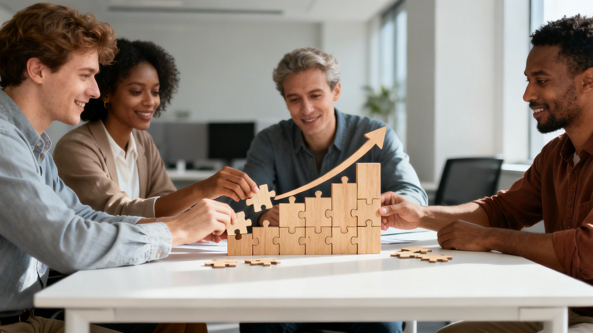 Diverse team collaborates to build a wooden puzzle bar chart with an upward arrow, symbolizing business growth.