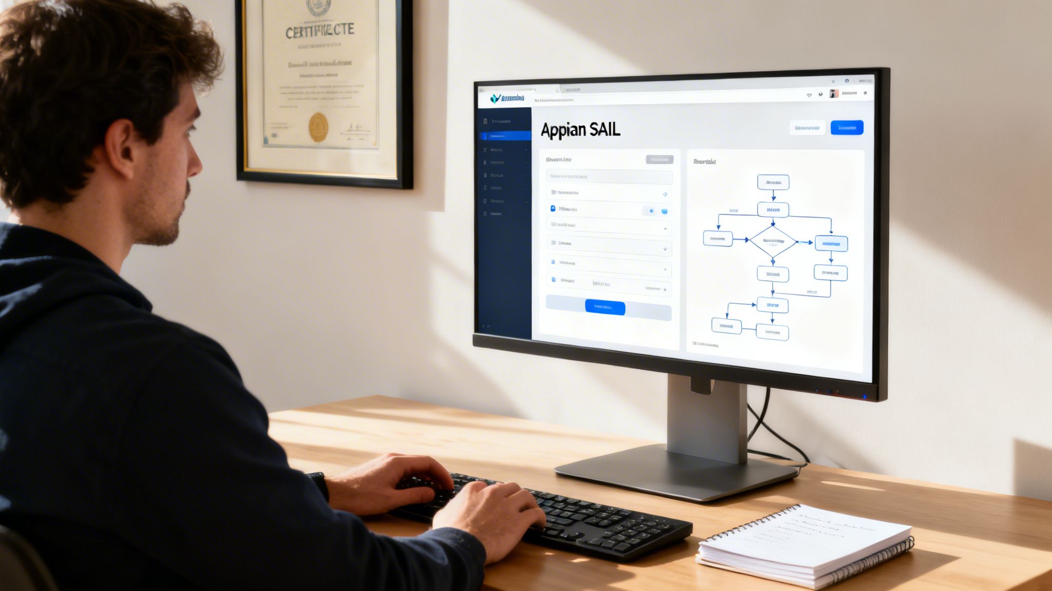 Man coding on a computer with Appian SAIL software displaying a flowchart diagram.