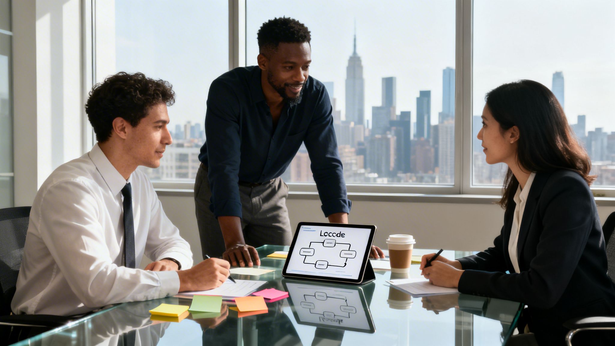 Three business professionals discuss a 'Locode' diagram on a tablet in a modern office.