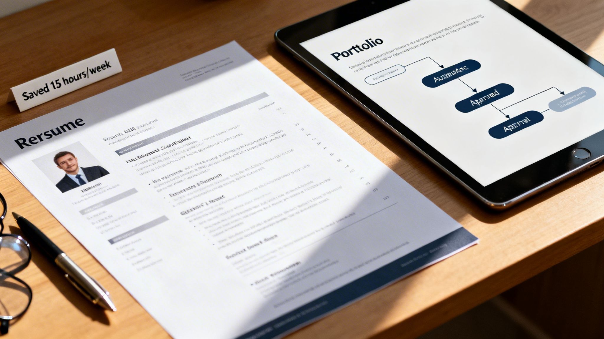 A resume, tablet with a digital portfolio workflow, and 'Saved 15 hours/week' sign on a wooden desk.