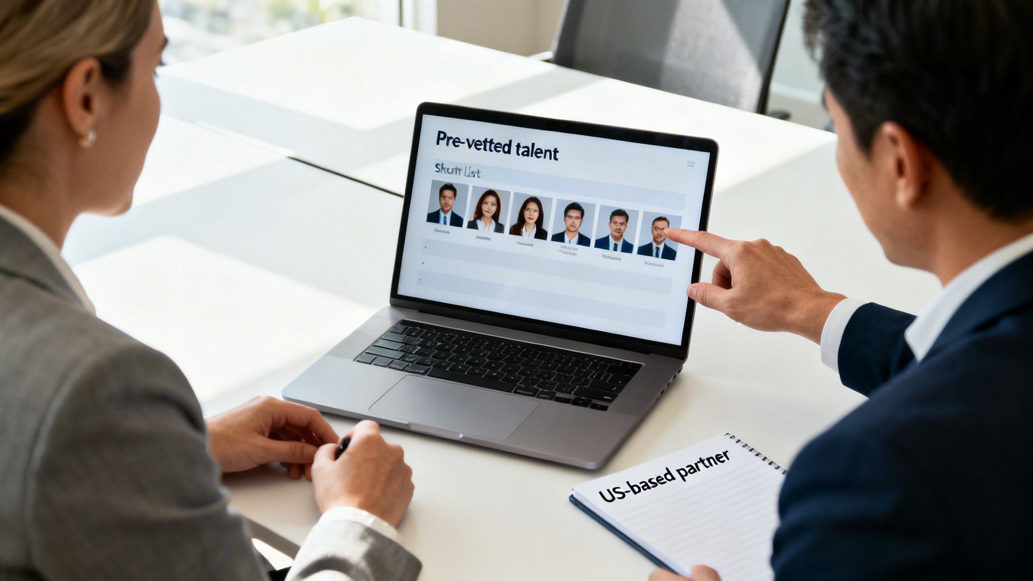 Two business professionals review pre-vetted talent profiles on a laptop during a meeting.