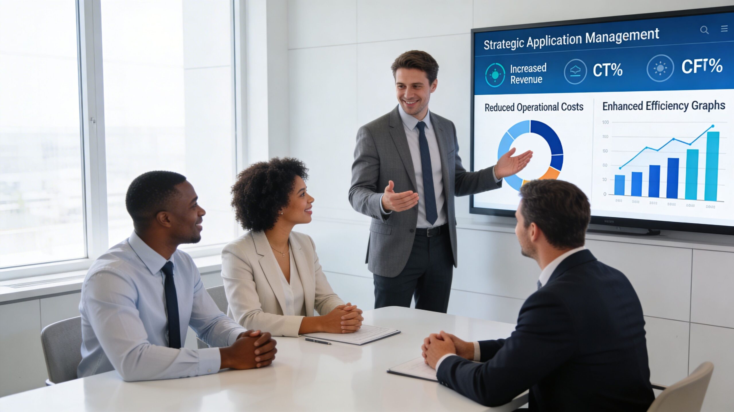 A professional man presents a strategic application management presentation to a diverse team in a bright office.