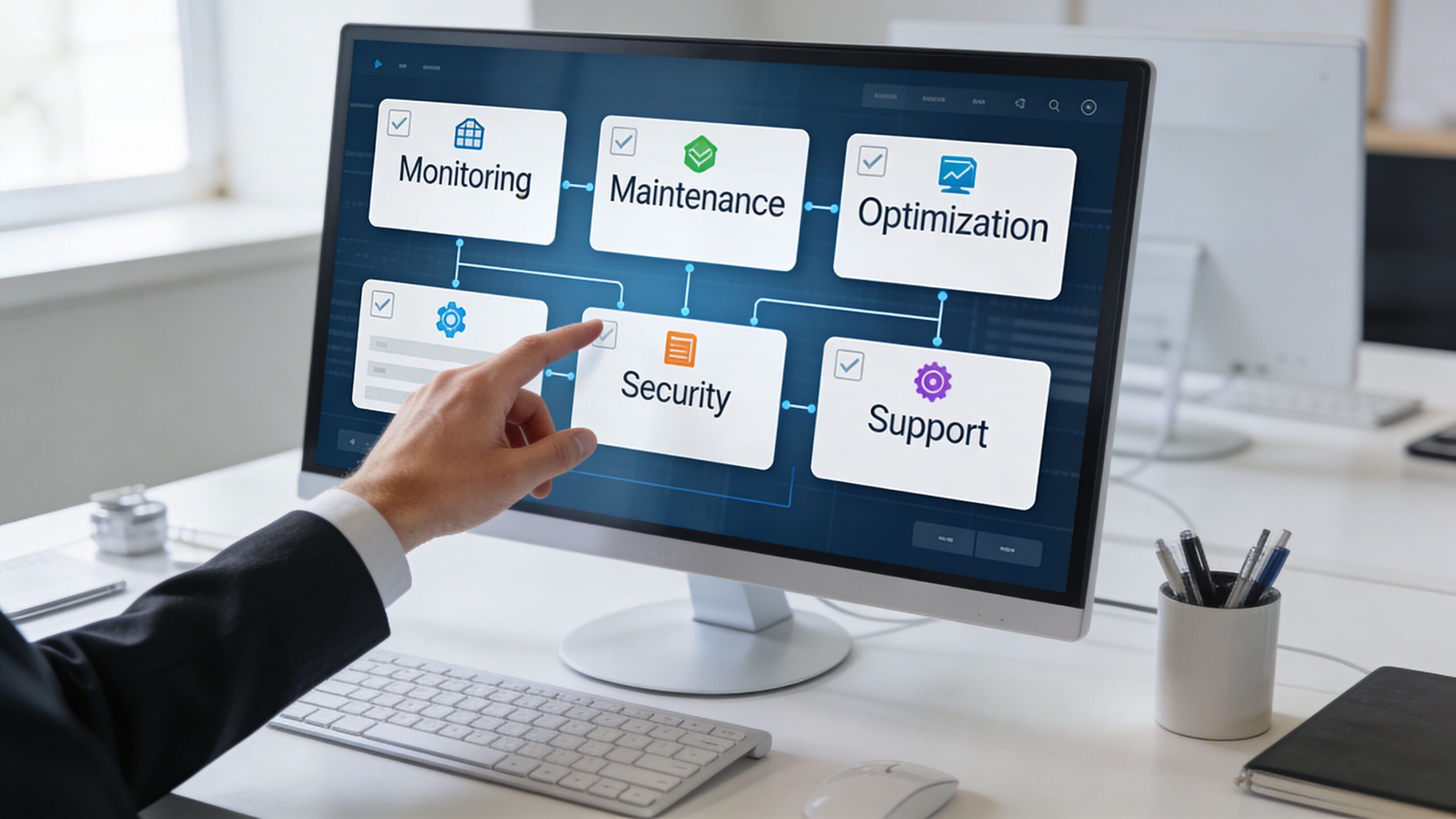 A professional hand pointing at an application management services dashboard on a computer screen in an office.