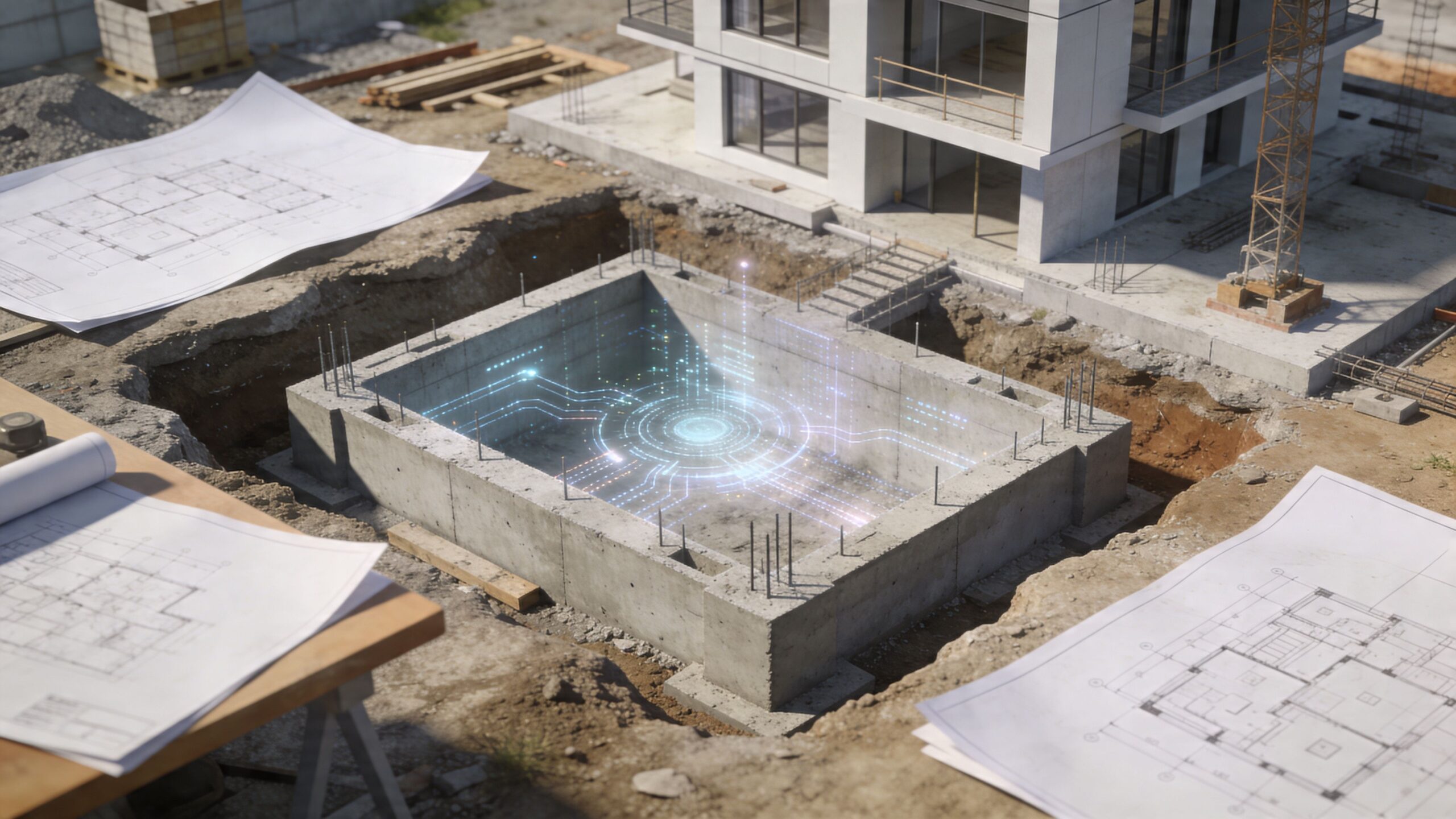 A construction site foundation with a digital holographic projection overlaying blueprint designs and architectural plans.