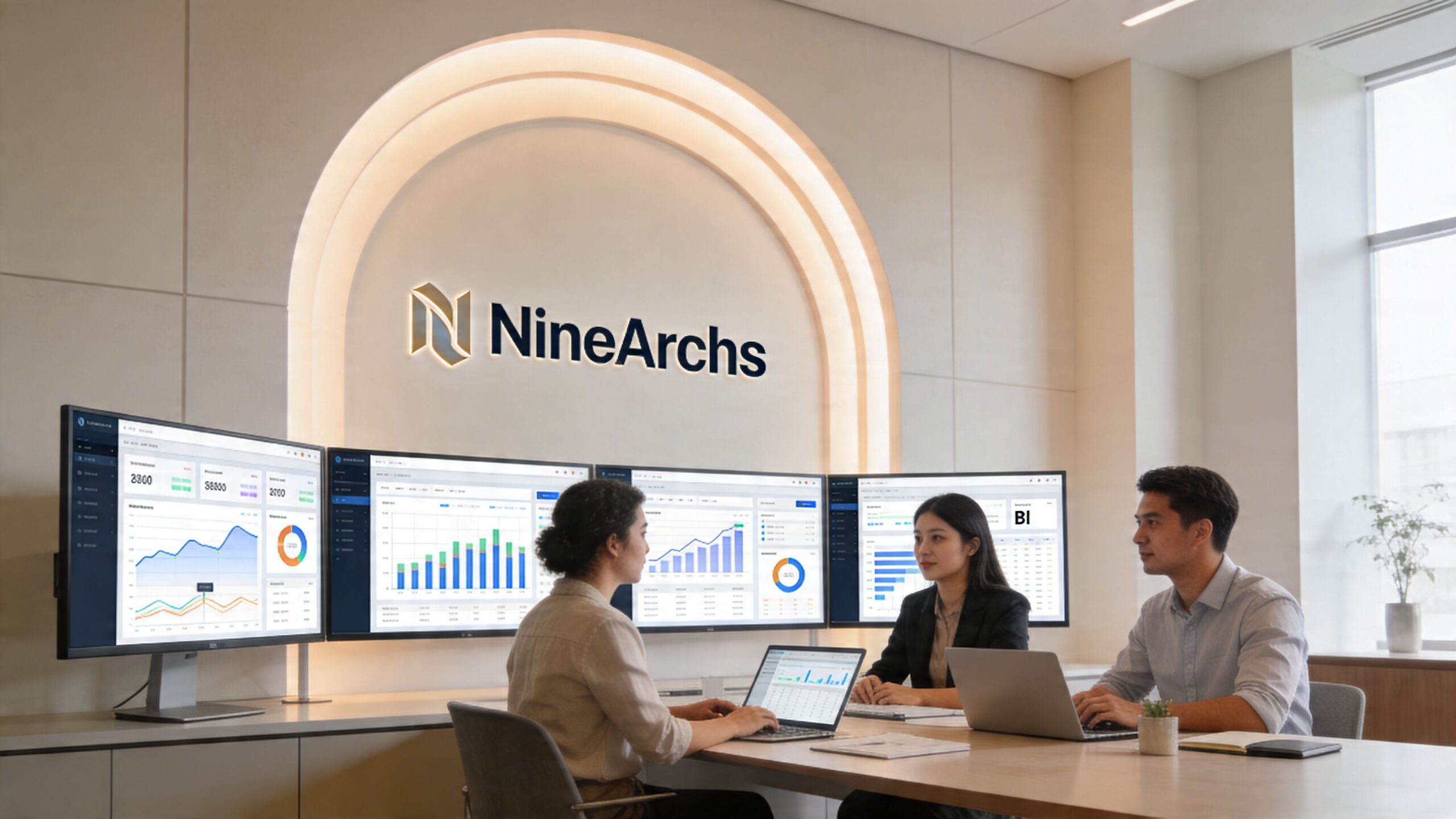 A professional team collaborates on business intelligence data analytics in a modern office with screen dashboards.