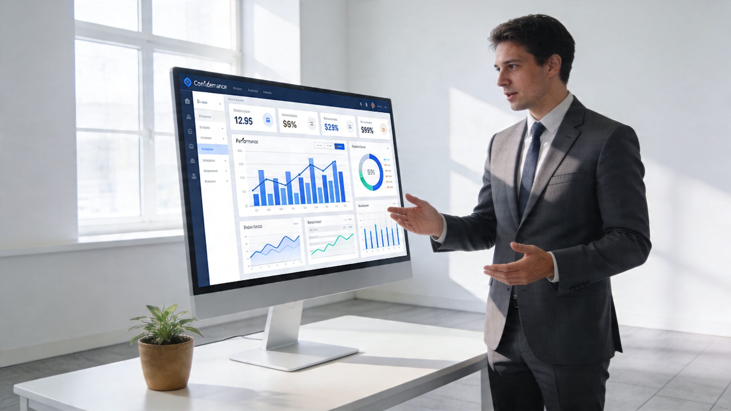A professional consultant in a suit presenting data dashboards on a large computer screen in a bright office.