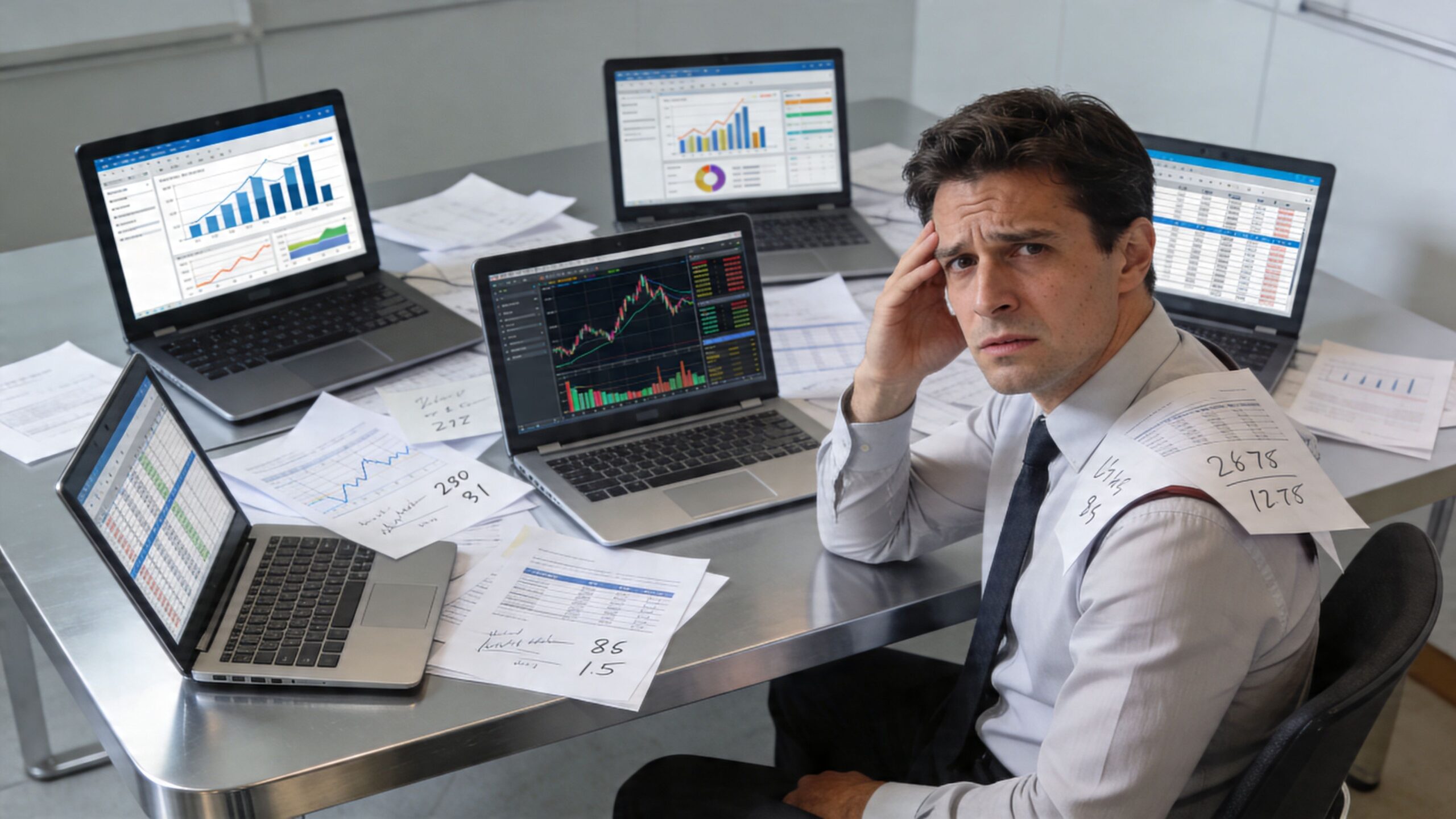 A stressed financial analyst sits at a desk surrounded by multiple laptops displaying complex charts and spreadsheets.