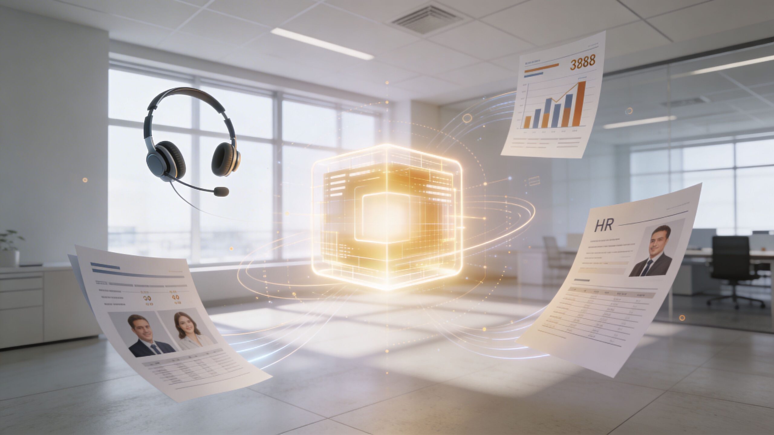A digital cube representing AI technology surrounded by floating documents, business profiles, and a professional communication headset.
