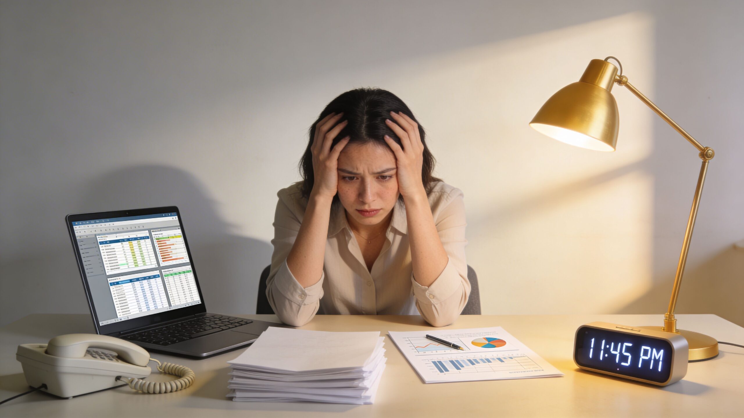 A stressed woman working late at night on business reports at her office desk with a laptop