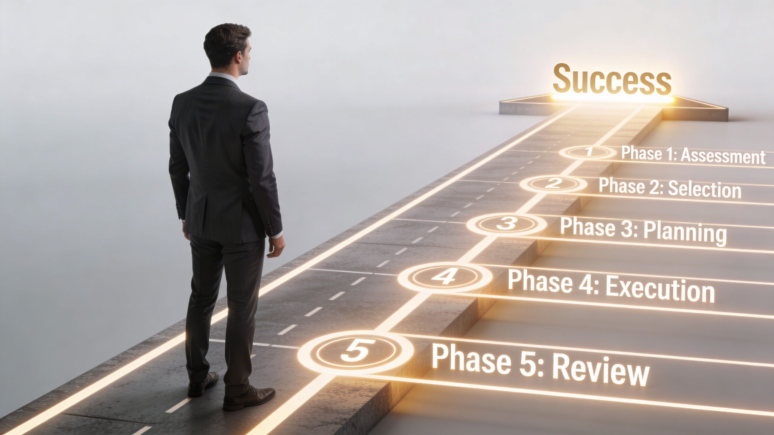 A businessman standing on a path looking towards a glowing arrow labeled Success with five development phases.