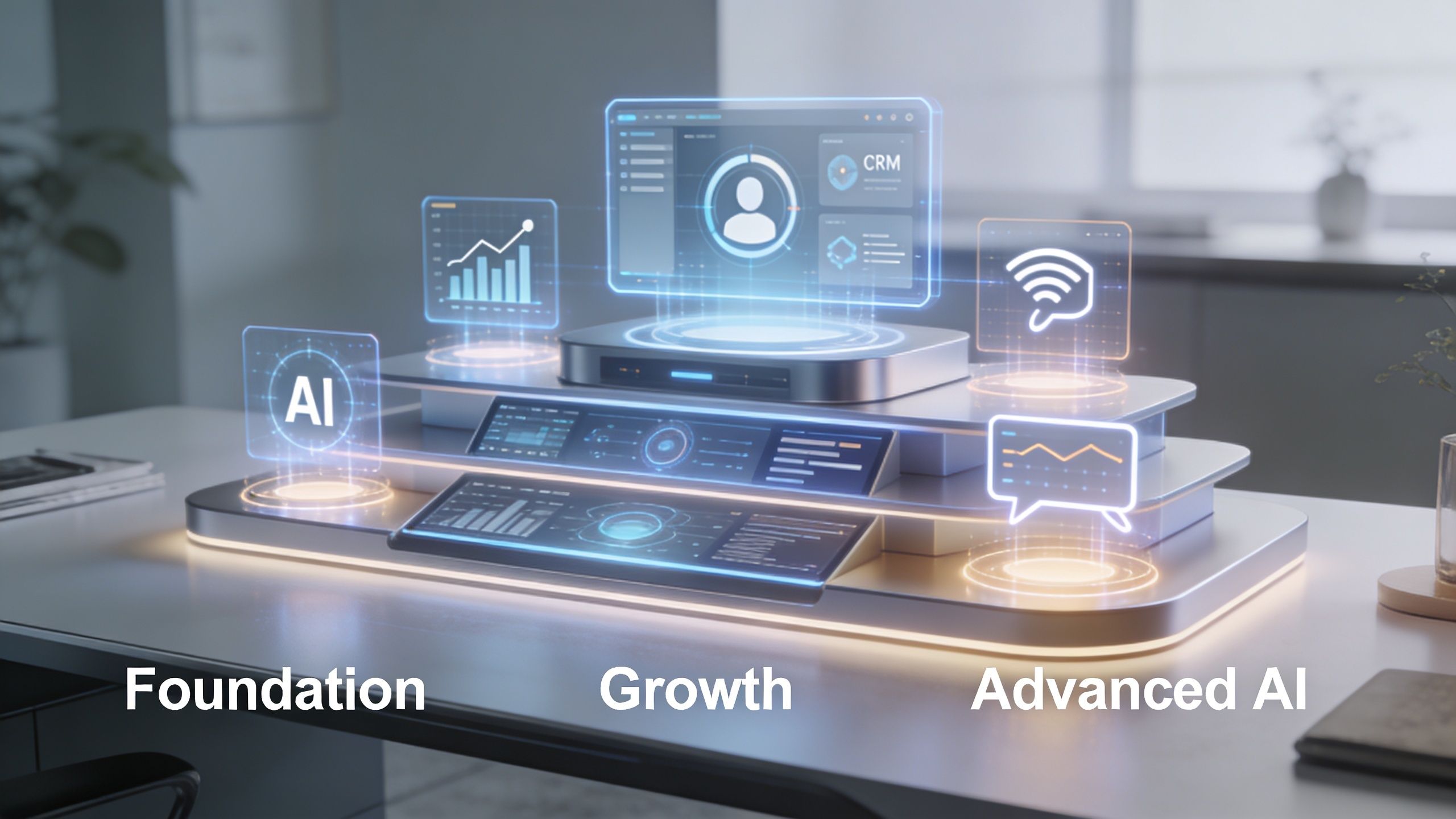 A conceptual futuristic 3D display showcasing AI, CRM, and business analytics data on a modern office desk.