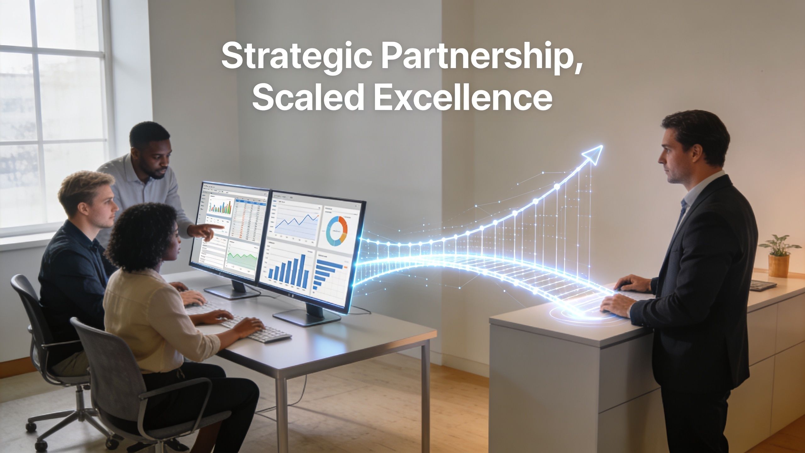 A professional team collaborates in an office while reviewing digital growth charts on dual computer monitors.