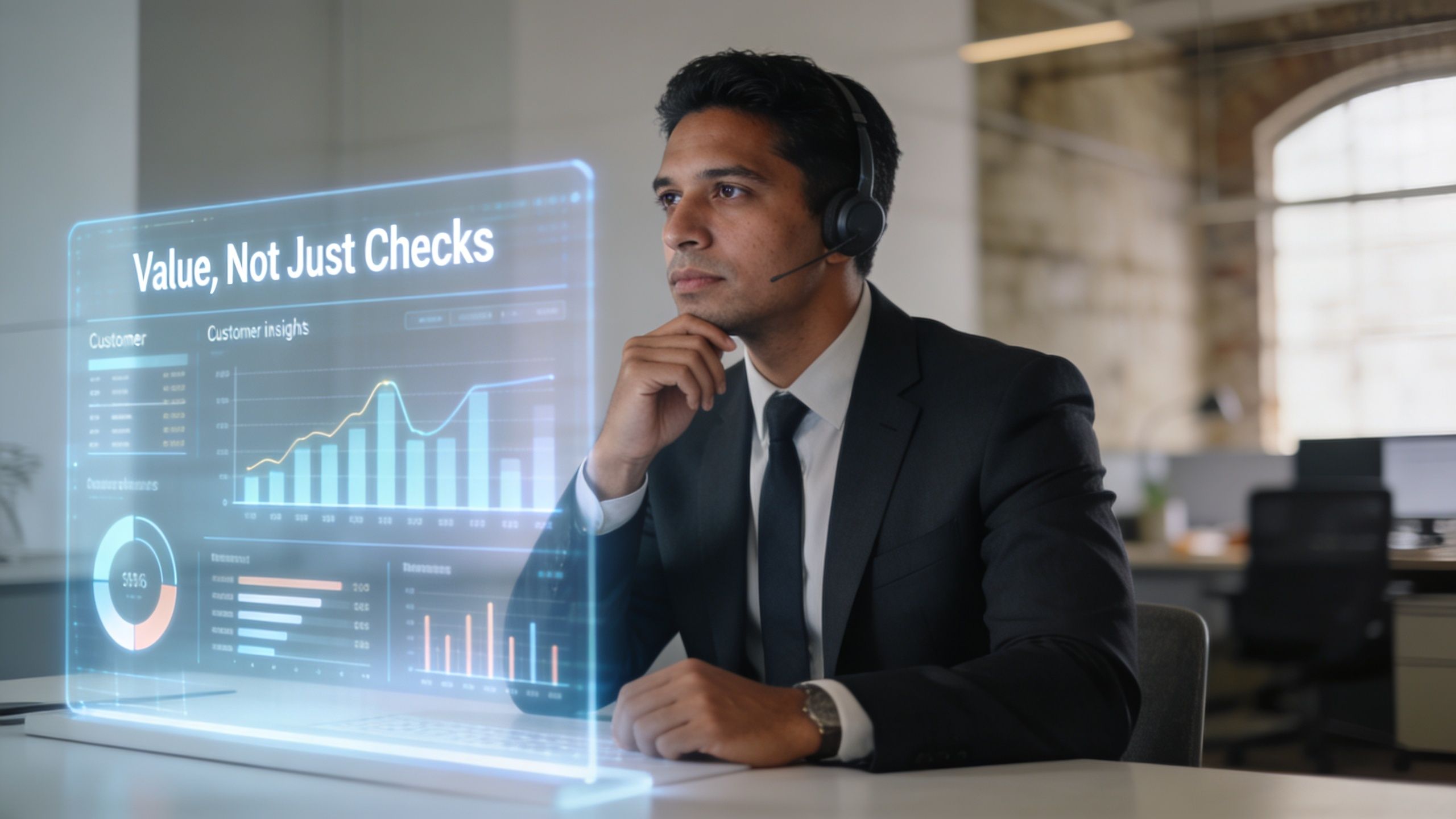 A professional quality analyst in a suit and headset looks at data on a transparent digital display.