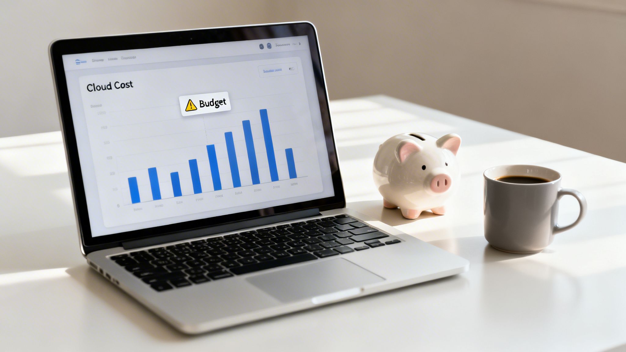 Laptop showing cloud cost budget alert on screen, with a piggy bank and coffee cup on a white desk.