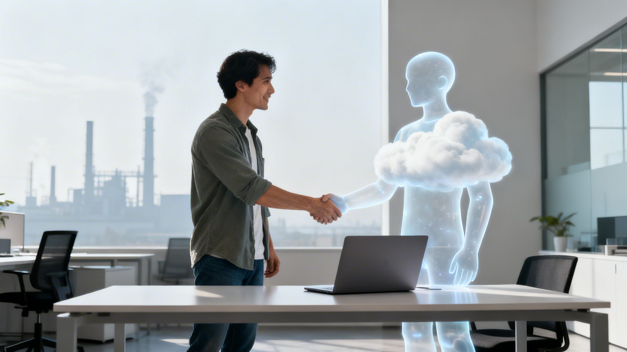 Man shaking hands with a glowing cloud humanoid in an office, symbolizing cloud computing interaction.