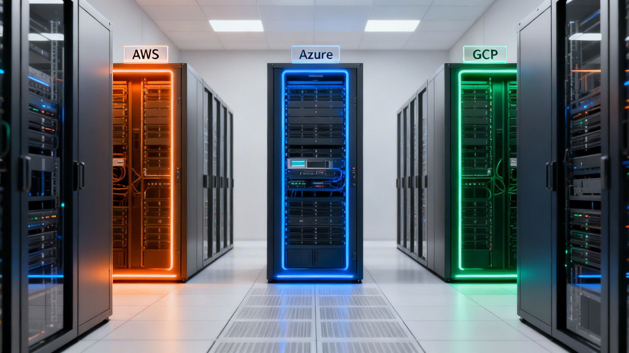 Data center aisle with server racks for AWS, Azure, and GCP, each glowing with distinct colors.