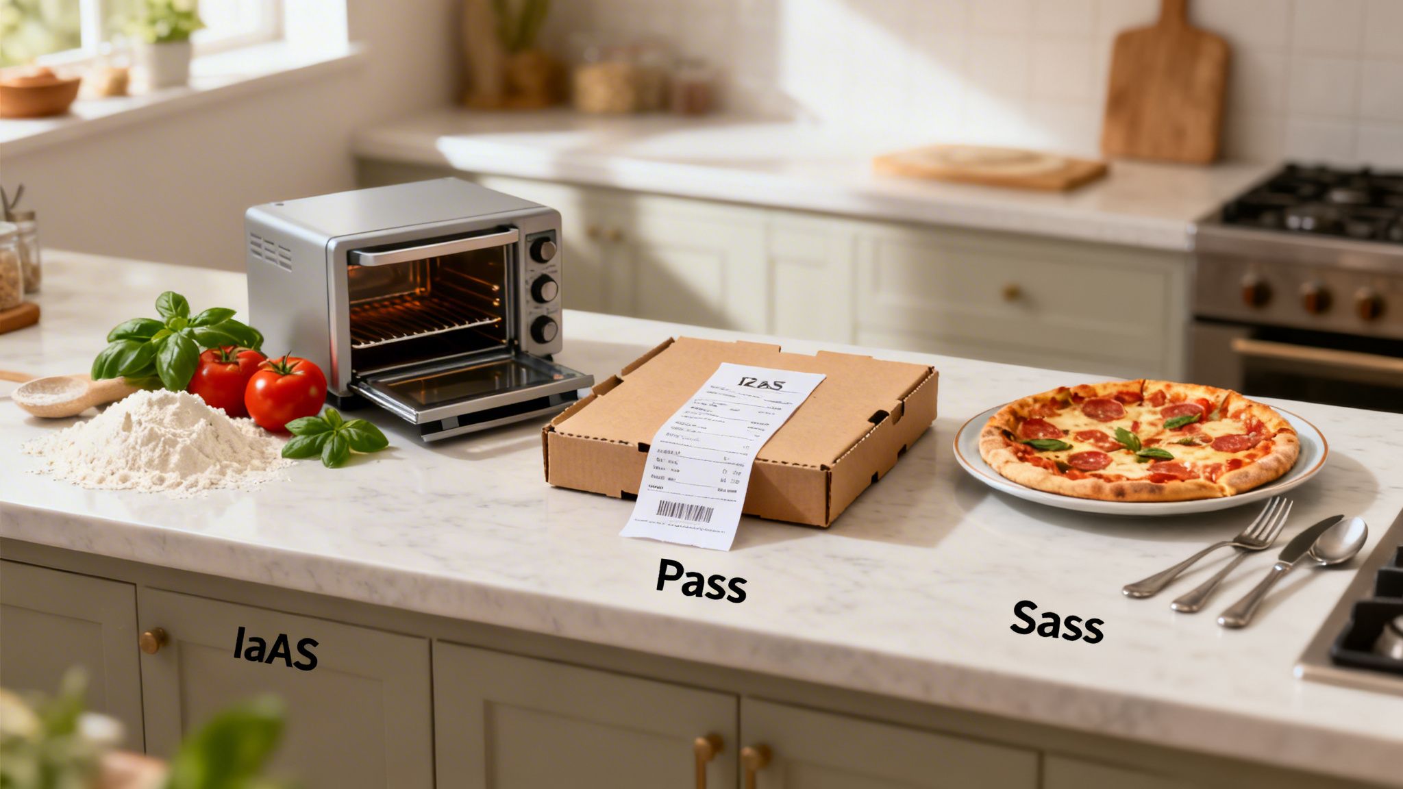 A kitchen counter illustrating IaaS, PaaS, and SaaS cloud computing models using pizza analogies.