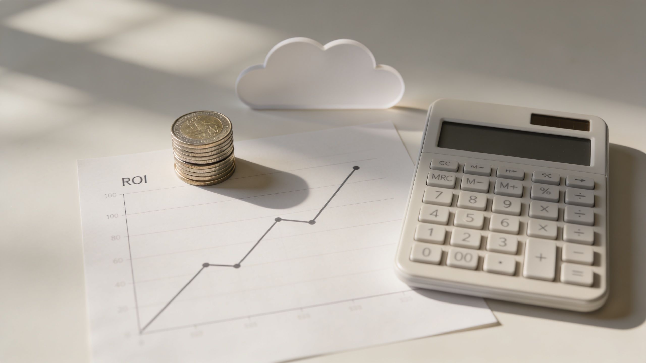 A calculator and stack of coins placed on a ROI growth chart under a cloud shape.