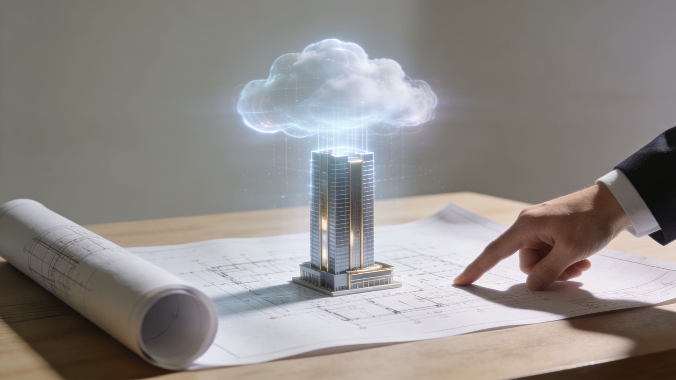 A professional architectural blueprint with a holographic skyscraper model integrated with digital cloud computing technology.