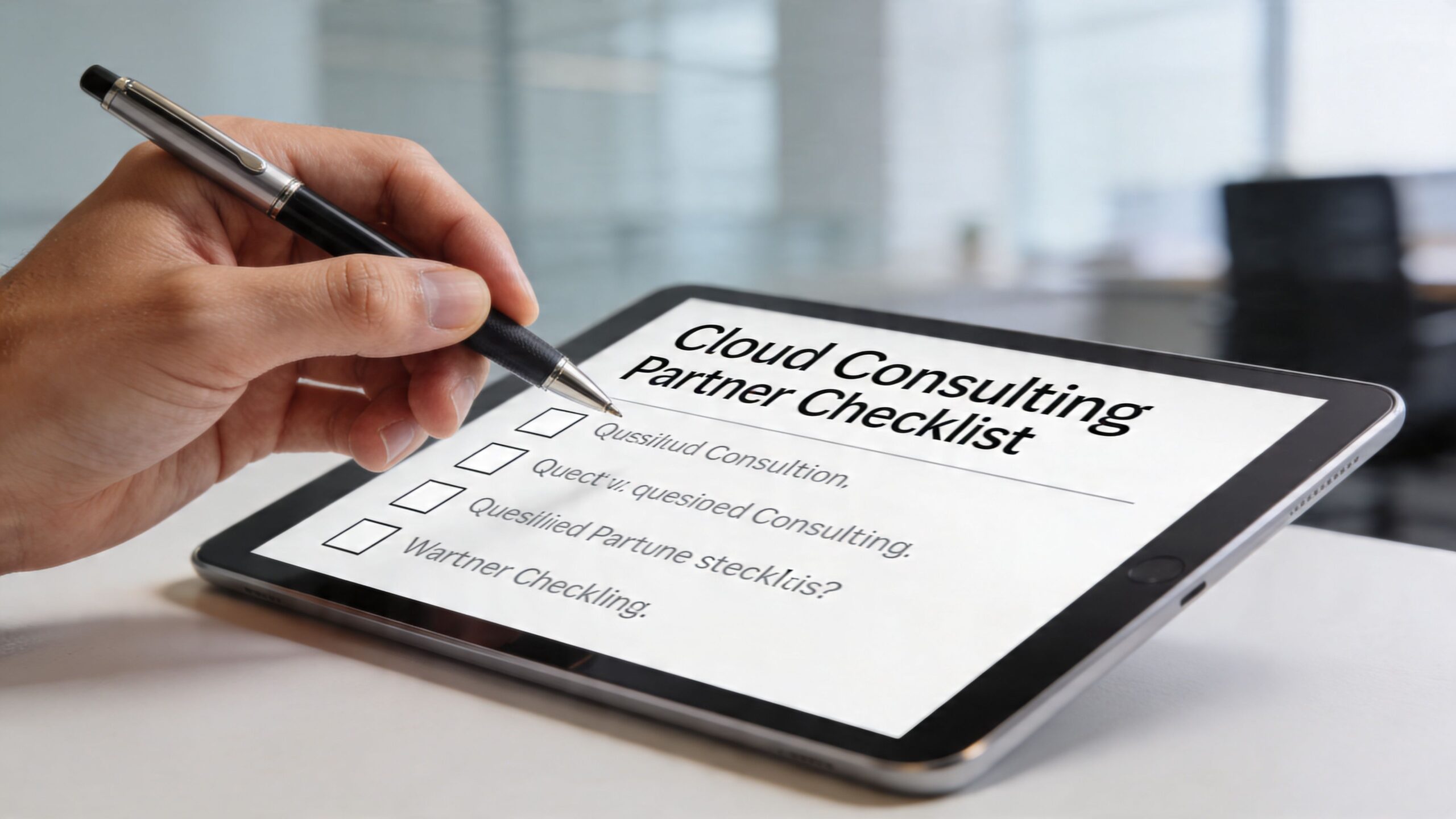 A person using a pen to fill out a digital cloud consulting partner checklist on a tablet screen.
