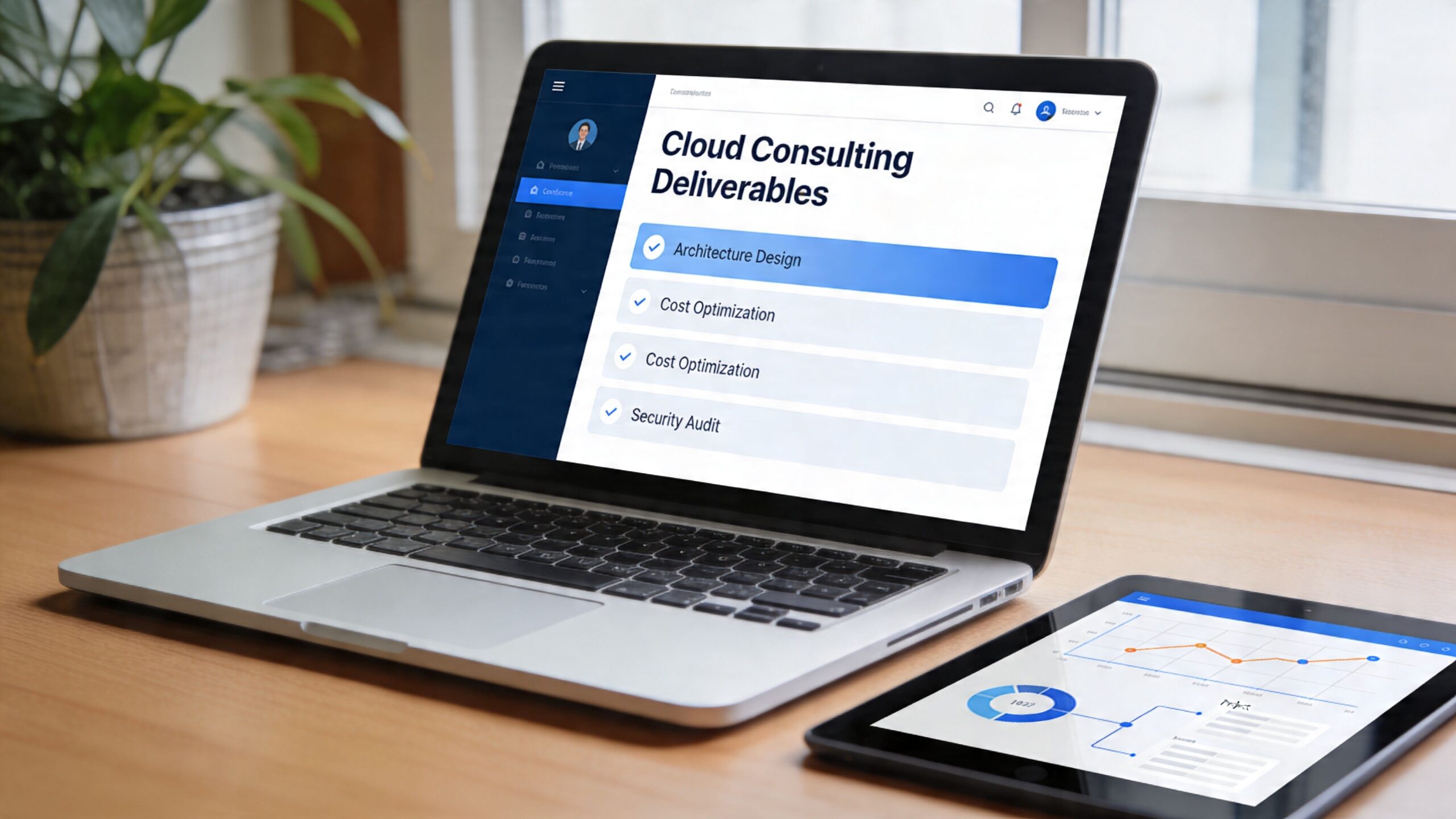 Laptop displaying a cloud consulting dashboard next to a tablet showing business performance analytics and data charts.