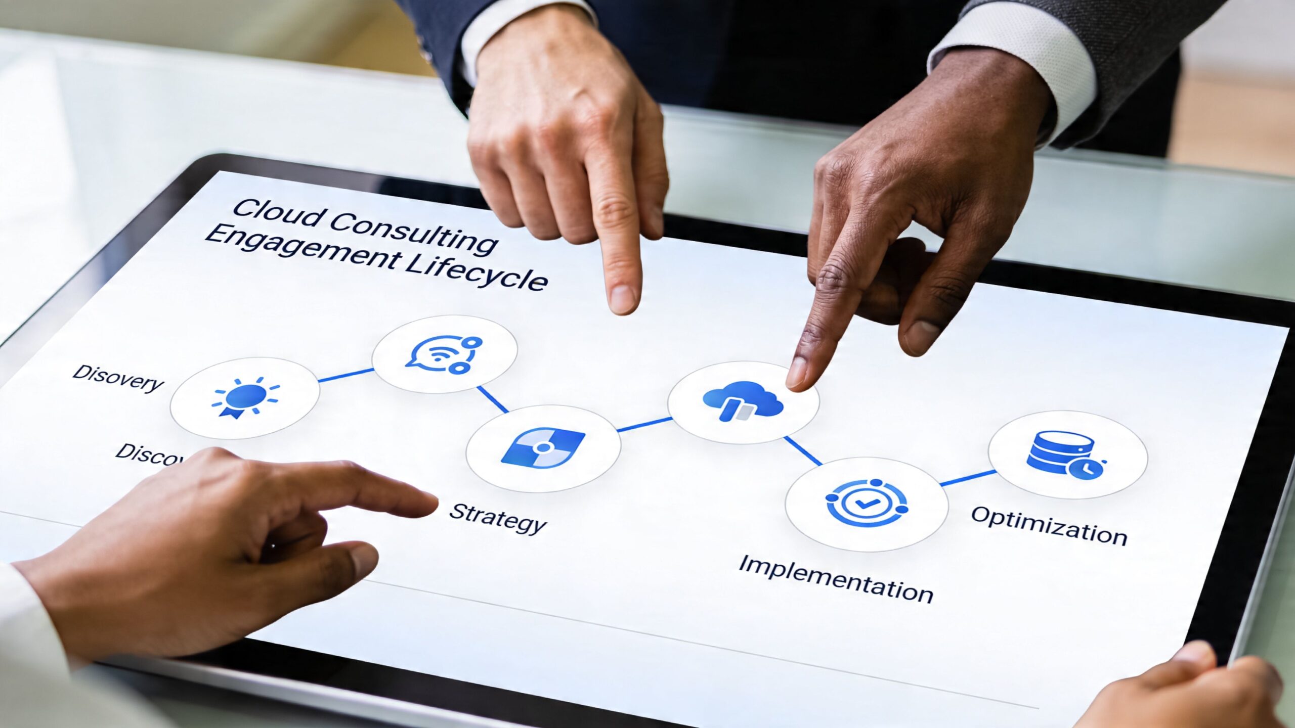 A professional team reviewing a cloud consulting engagement lifecycle infographic on a digital touchscreen device.
