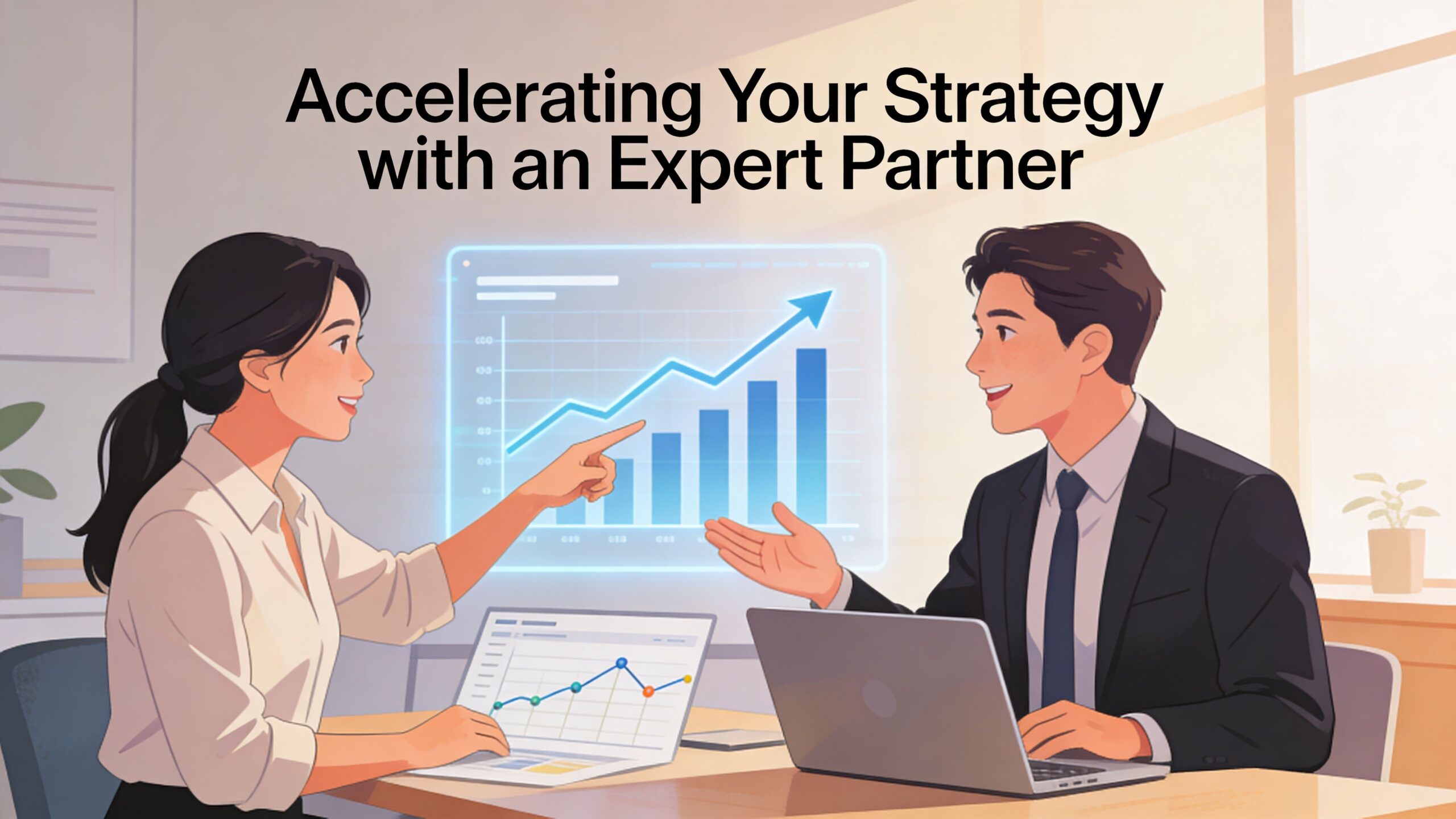 A professional woman and man discussing business growth strategy with digital charts in an office setting.