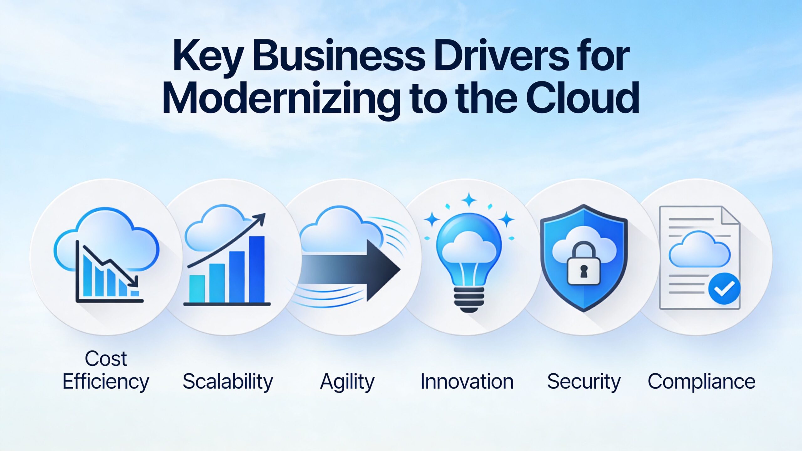 A graphic illustration highlighting six key business drivers for modernizing to the cloud with corresponding icons.