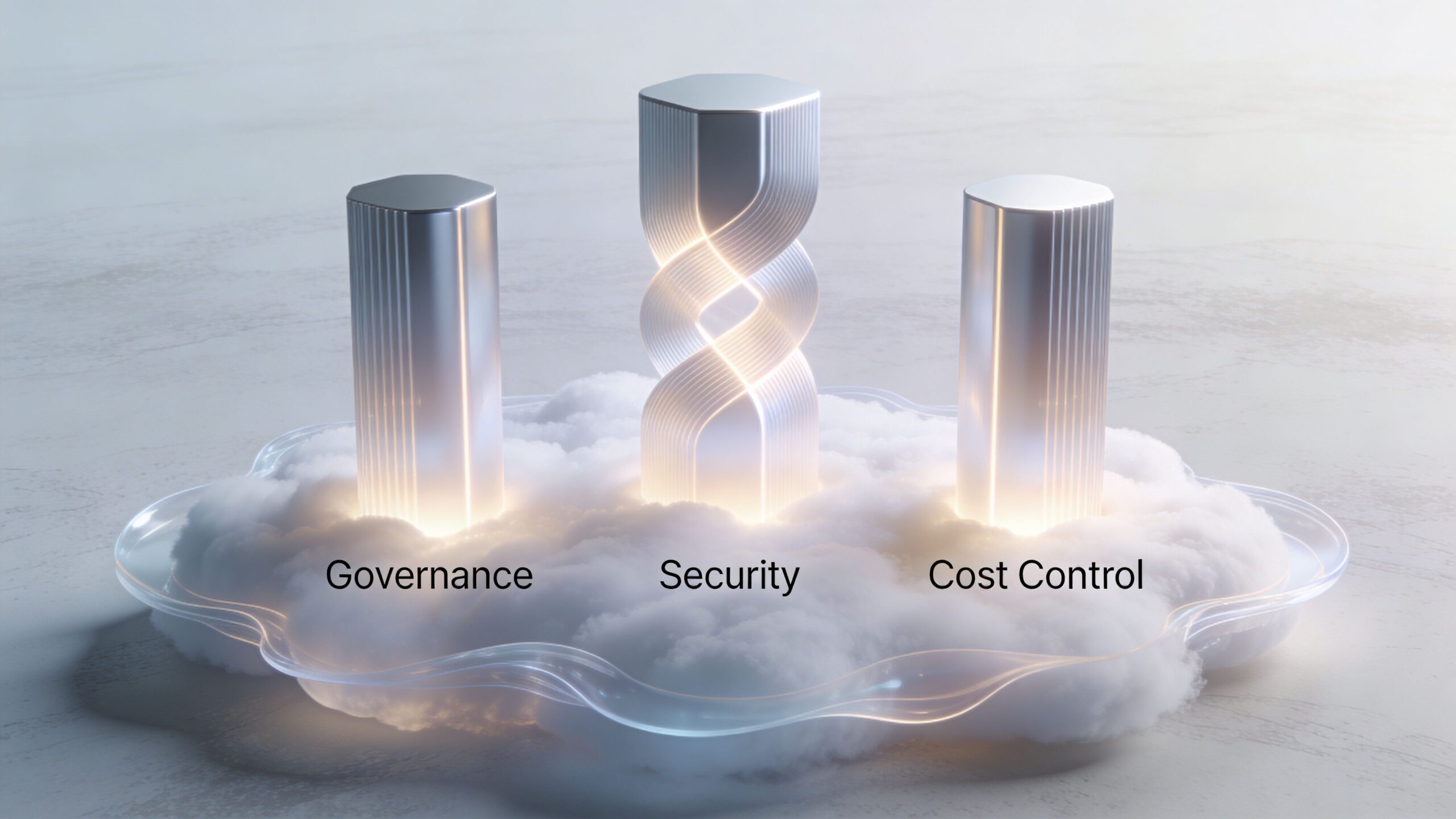 Three metallic pillars emerging from a cloud representing governance, security, and cost control cloud strategies.