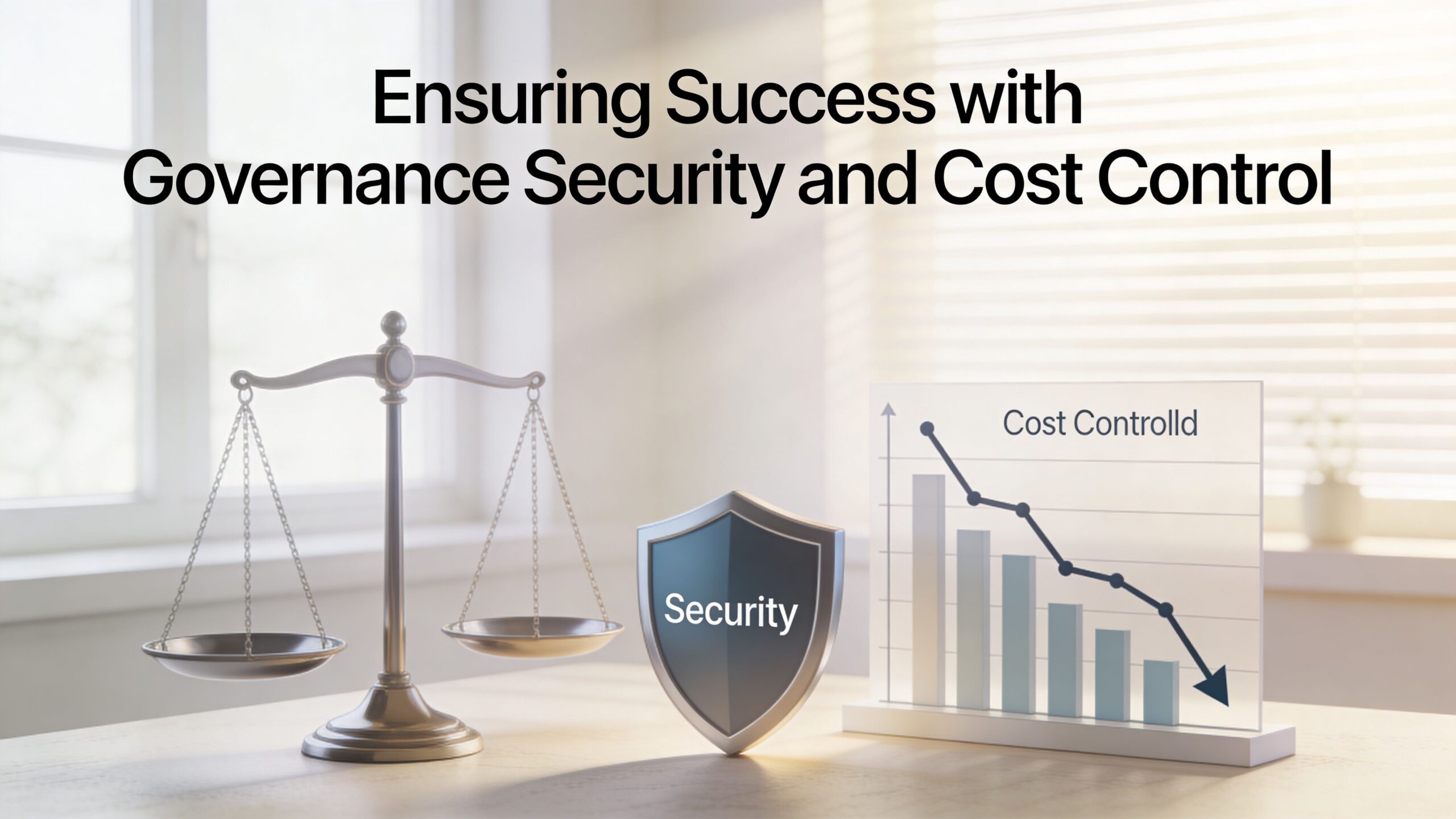 A conceptual image featuring a weighing scale, a protective shield, and a declining chart representing corporate governance.