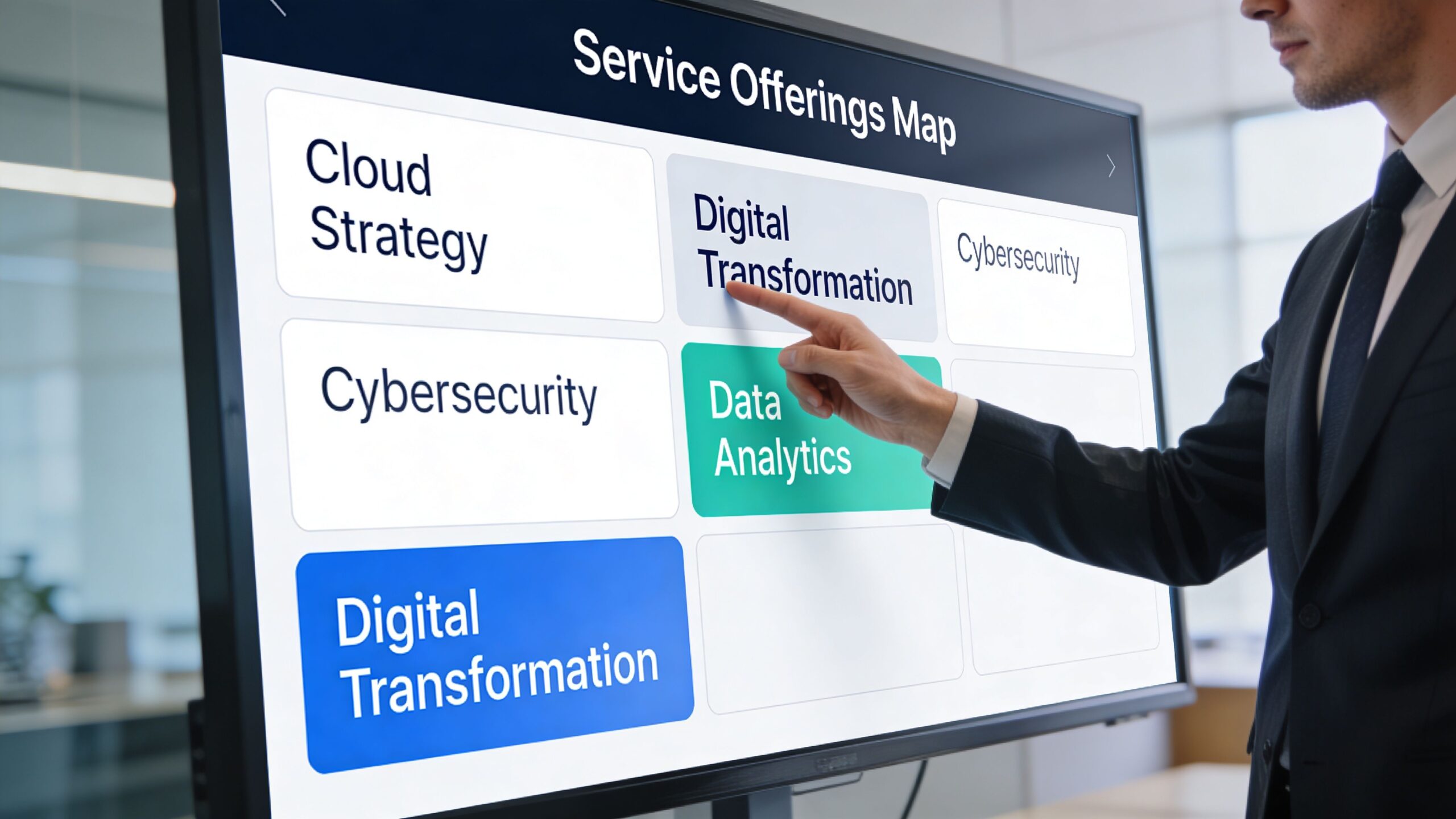 A professional man in a suit pointing to Digital Transformation on an interactive screen, consulting and IT services.