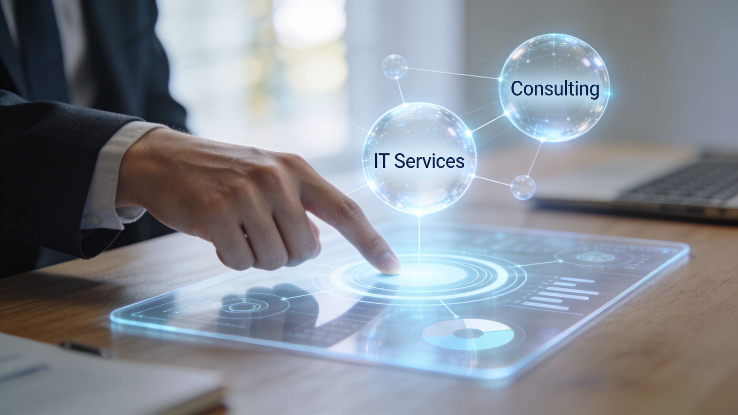 A professional using a futuristic digital touch interface to select IT Services and Consulting options.