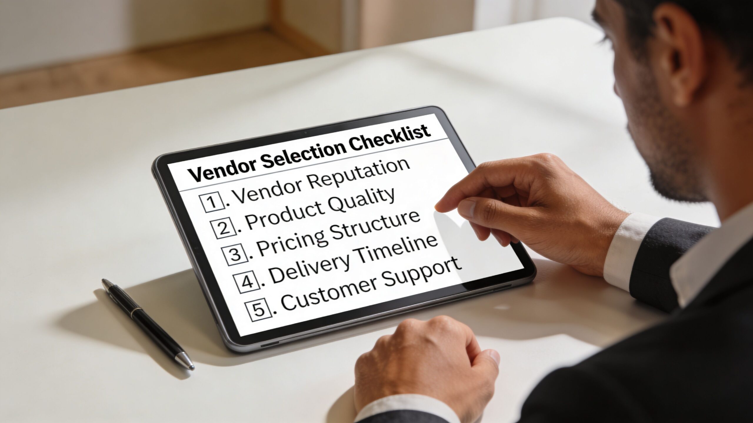 A businessman reviewing a digital vendor selection checklist on a tablet screen at an office desk.
