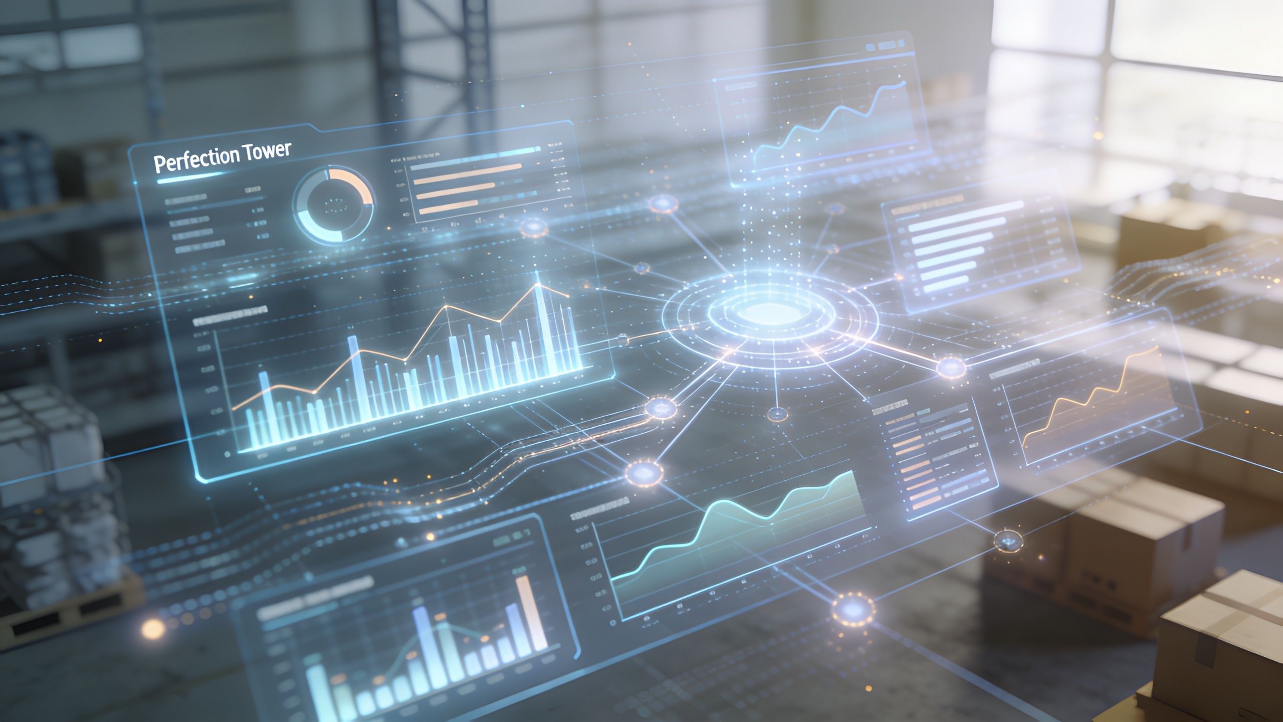 A digital interface representing a supply chain control tower with data analytics and logistics monitoring visuals.