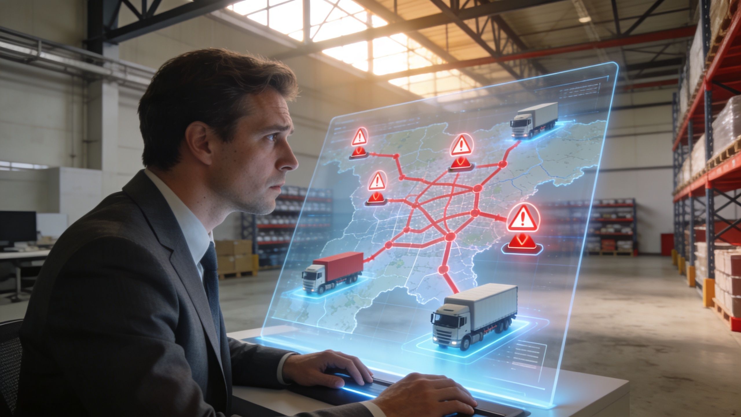 A logistics manager monitors a digital supply chain control tower interface showing truck locations and warnings.