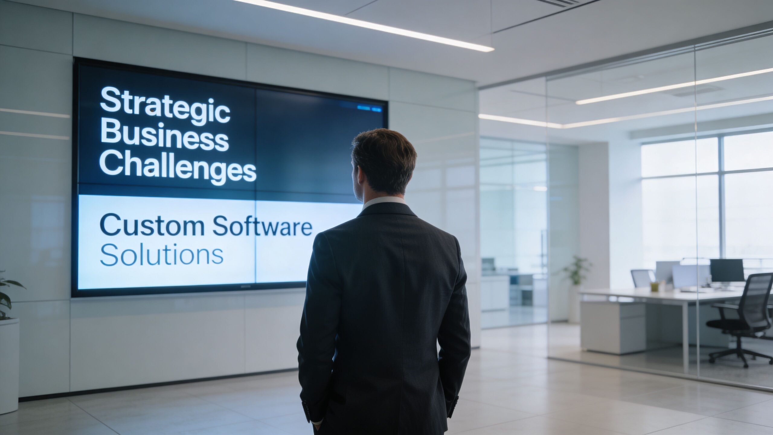A businessman standing in a modern office looking at a presentation screen about custom software solutions.