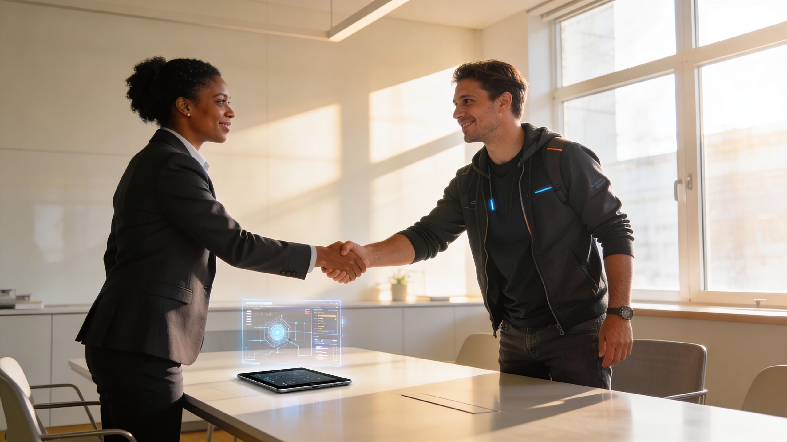 A professional woman in a suit shakes hands with a man wearing a casual hoodie in an office.