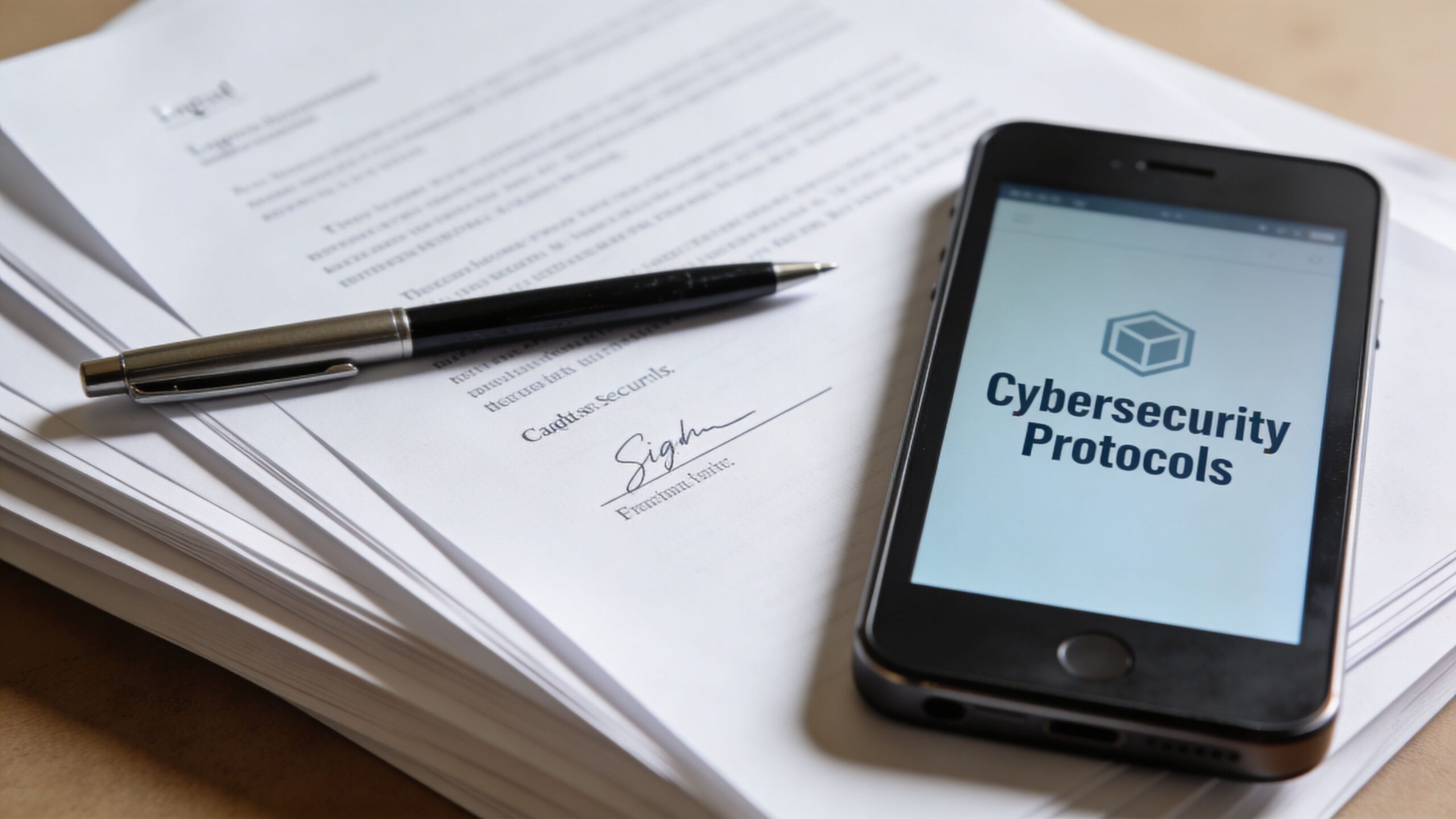 A smartphone displaying cybersecurity protocols text on screen next to a signed legal document and pen.