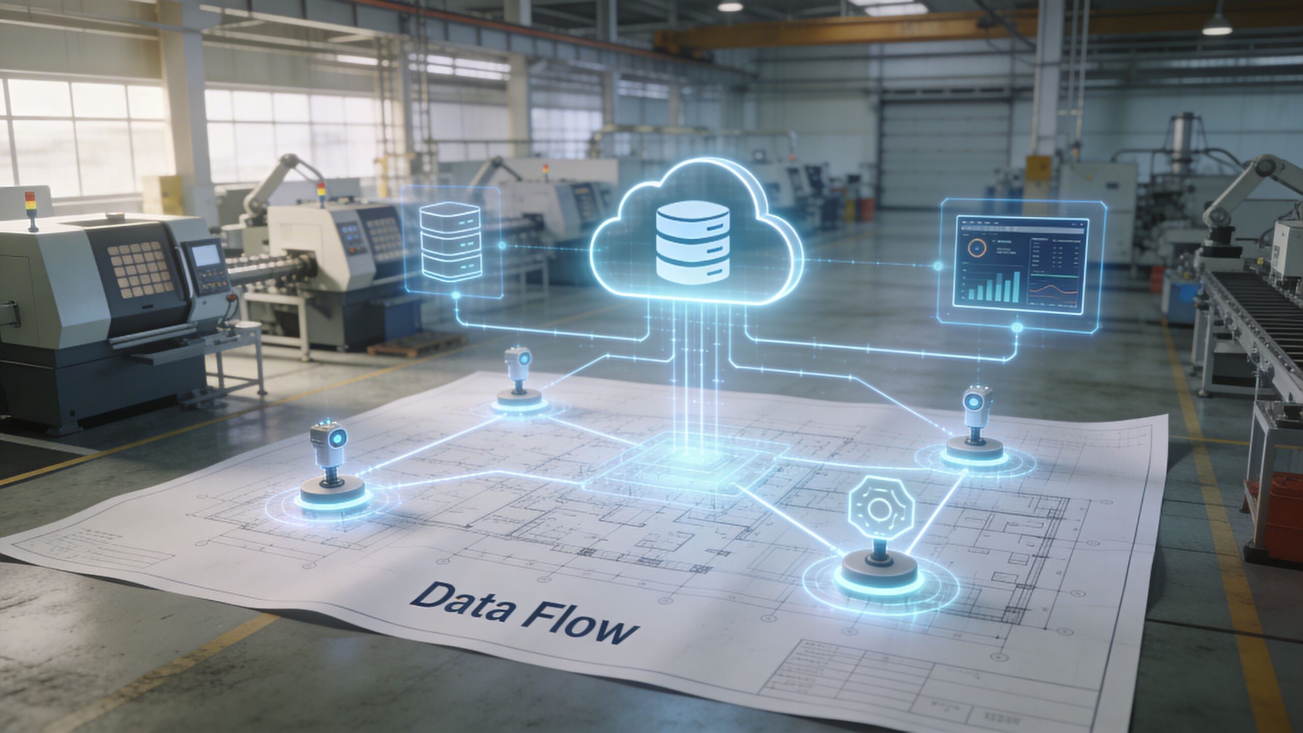 A digital overlay of a cloud storage system and data analytics connecting to a factory floor blueprint.