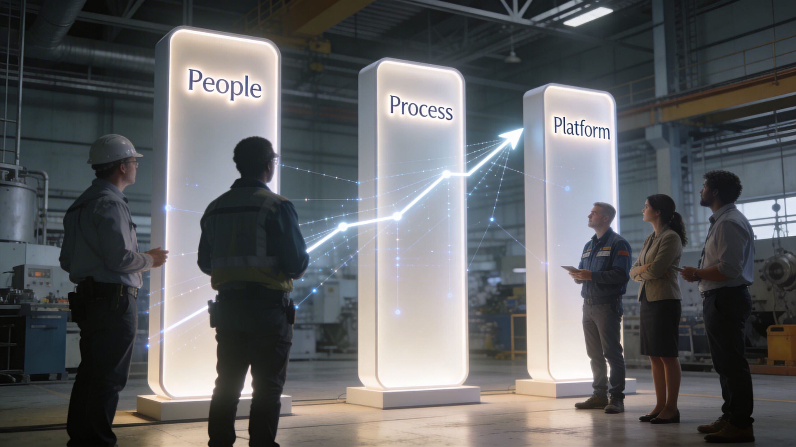 A professional team standing in a factory observing digital data visualization graphics labeled People, Process, and Platform.