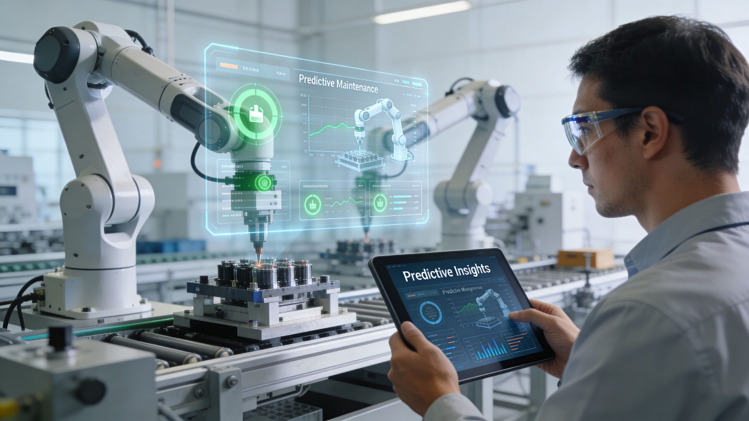 A technician using a tablet to monitor predictive maintenance analytics on robotic arms in a modern factory.